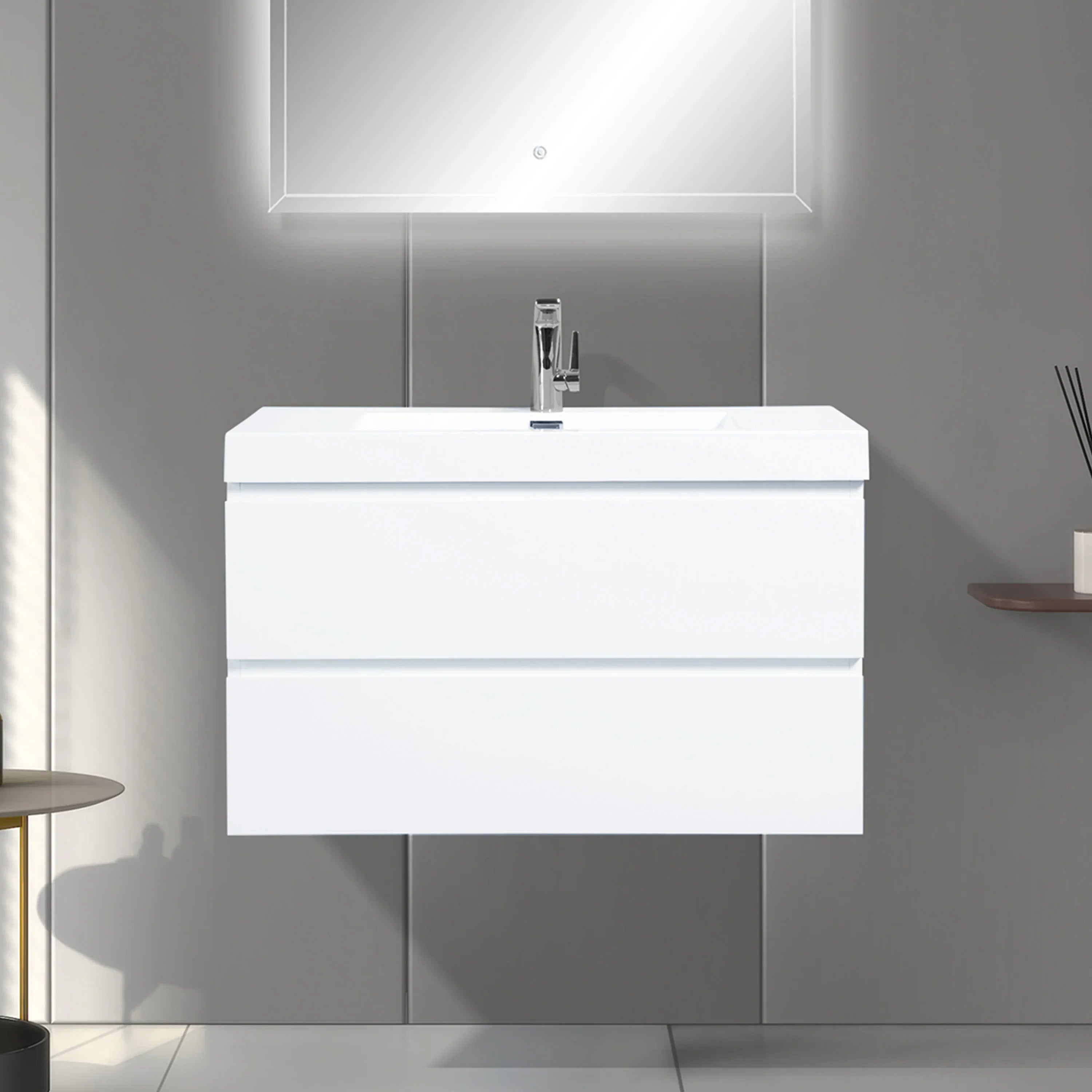 36" Glossy White Wall Mount Bathroom Vanity with White Polymarble Countertop-Migration_Bathroom Vanities-DECOROLALA
