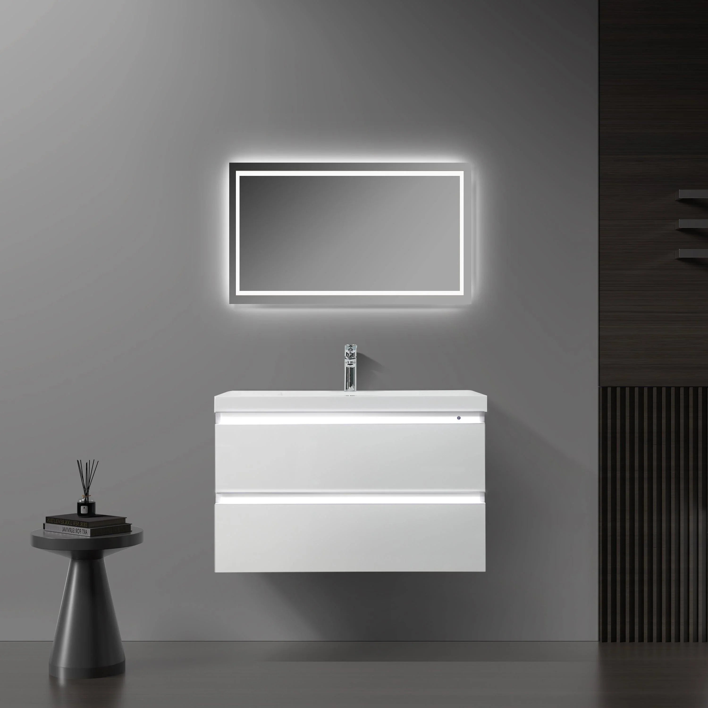 36" Glossy White Wall Mount LED-Glow Bathroom Vanity with White Polymarble Countertop-Migration_Bathroom Vanities-DECOROLALA