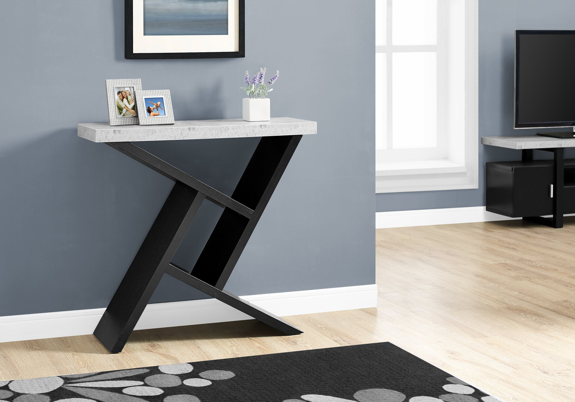 36" Gray and Black Abstract Console Table With Shelves-Console Tables-DECOROLALA