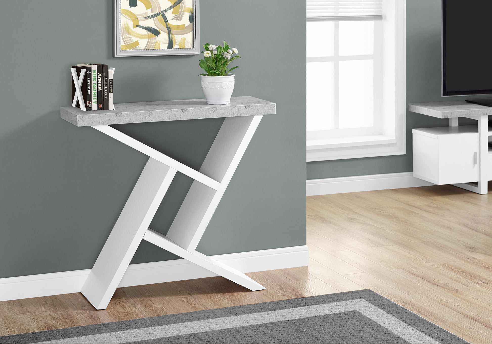 36" Gray and White Abstract Console Table With Shelves-Console Tables-DECOROLALA