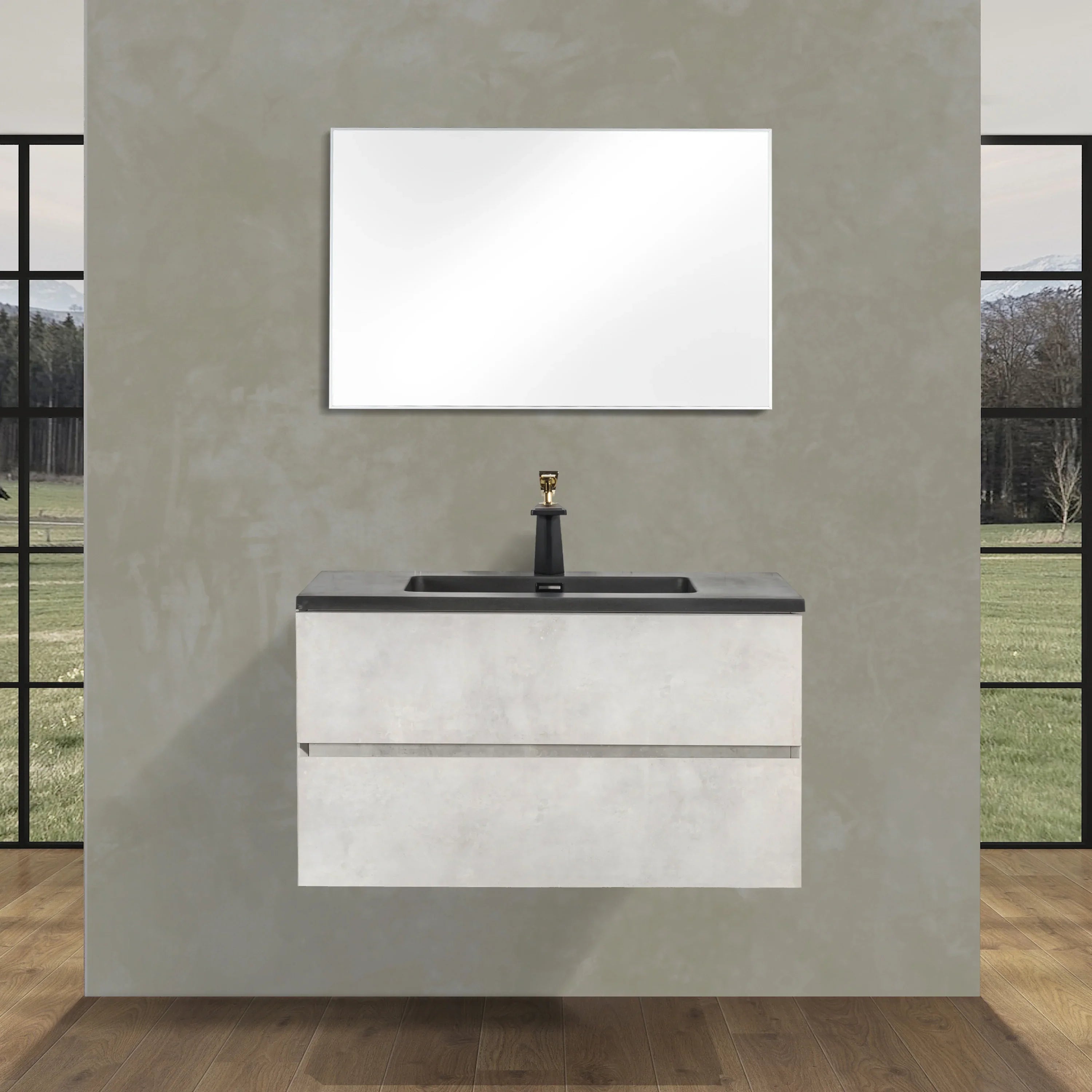 36" Grey Wall Mount Single Sink Bathroom Vanity with Black Engineered Quartz Countertop-Migration_Bathroom Vanities-DECOROLALA