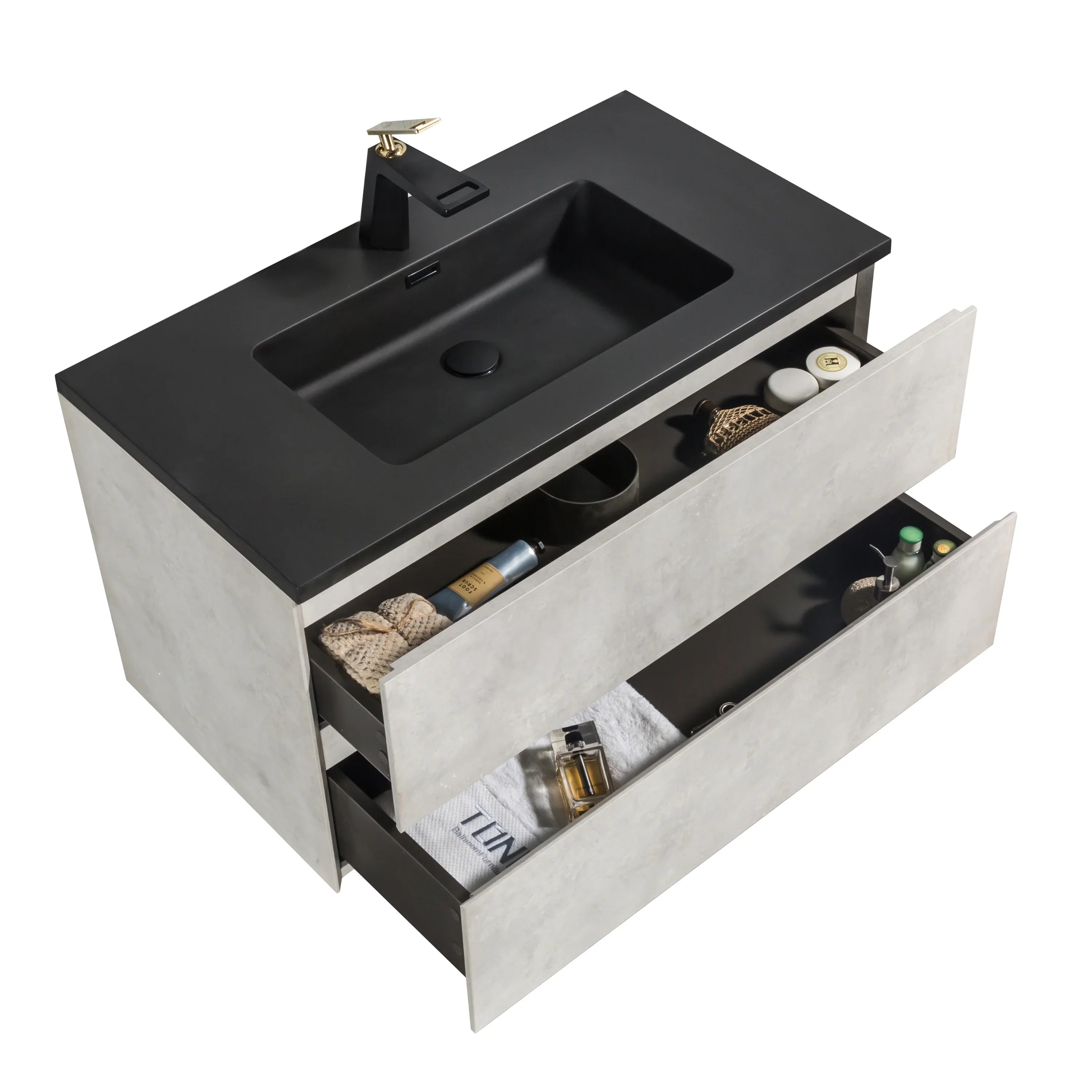 36" Grey Wall Mount Single Sink Bathroom Vanity with Black Engineered Quartz Countertop-Migration_Bathroom Vanities-DECOROLALA