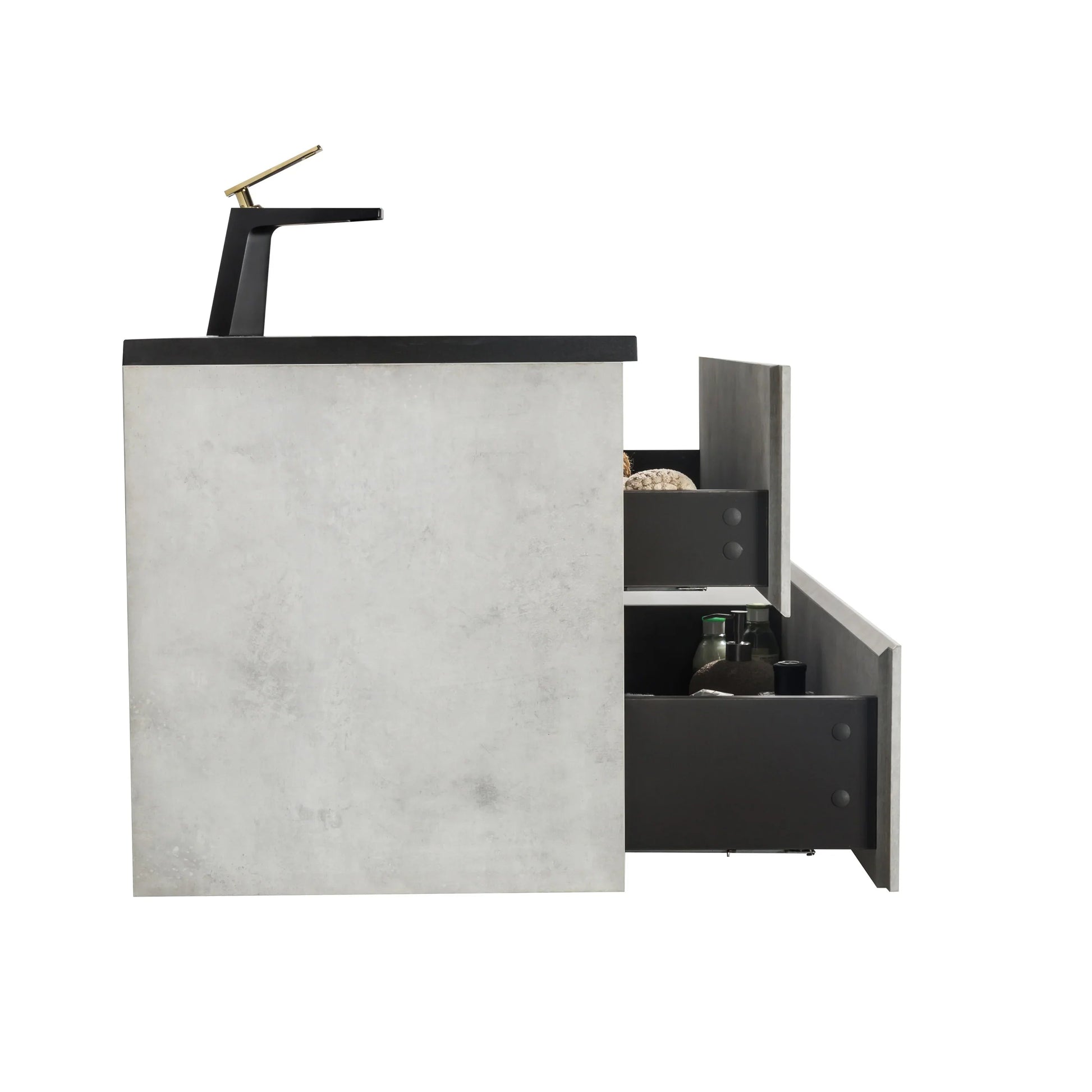 36" Grey Wall Mount Single Sink Bathroom Vanity with Black Engineered Quartz Countertop-Migration_Bathroom Vanities-DECOROLALA