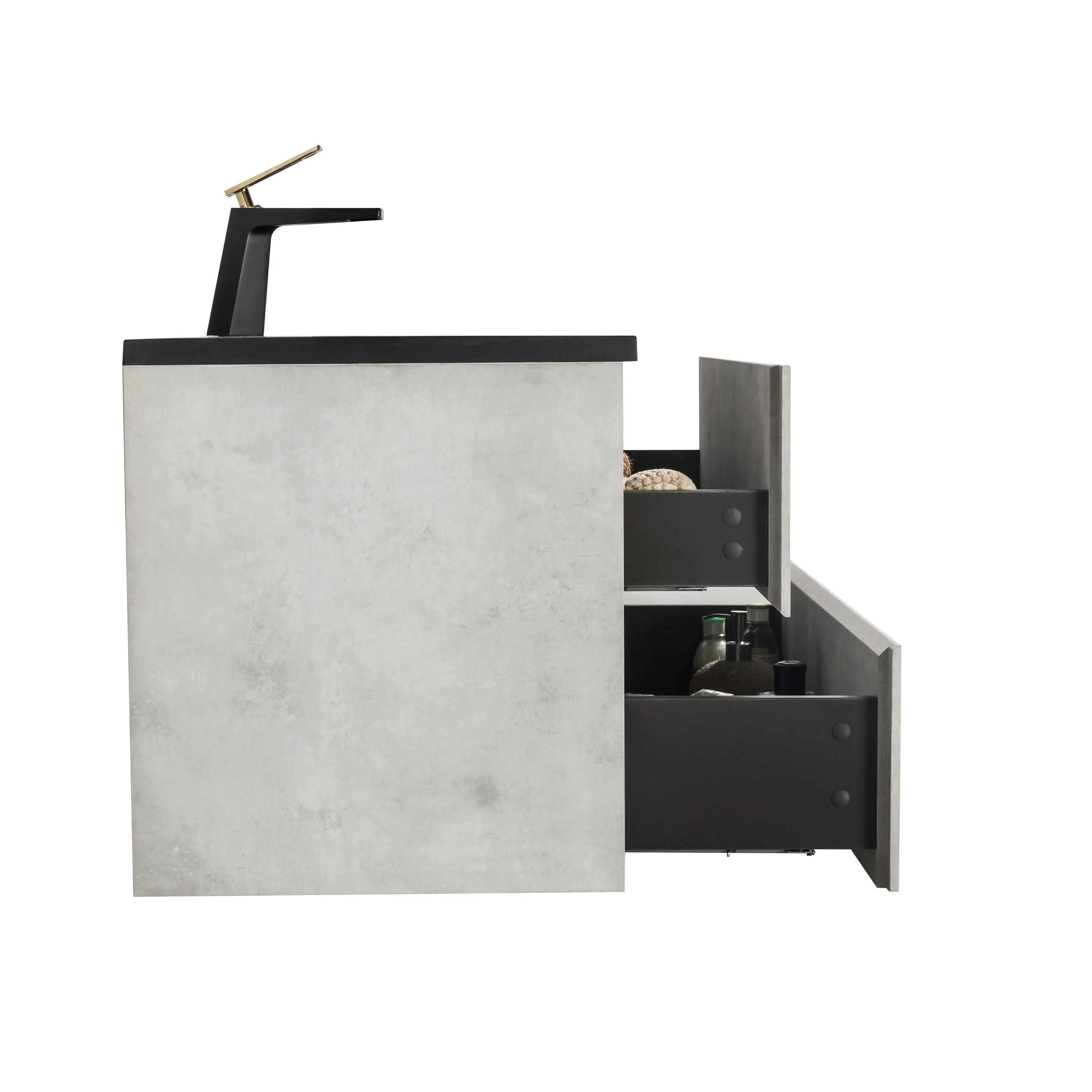 36" Grey Wall Mount Single Sink Bathroom Vanity with Black Engineered Quartz Countertop-Migration_Bathroom Vanities-DECOROLALA