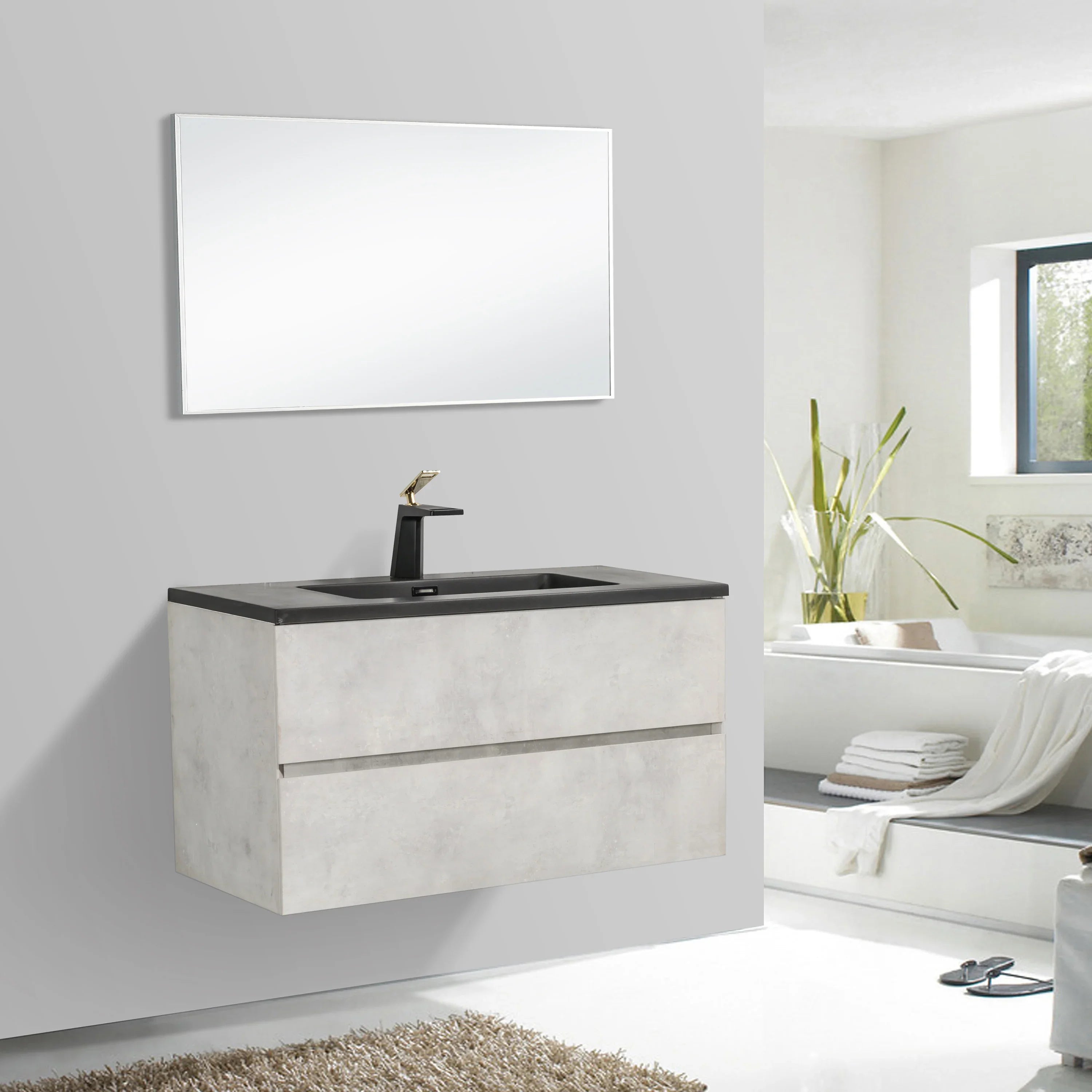 36" Grey Wall Mount Single Sink Bathroom Vanity with Black Engineered Quartz Countertop-Migration_Bathroom Vanities-DECOROLALA