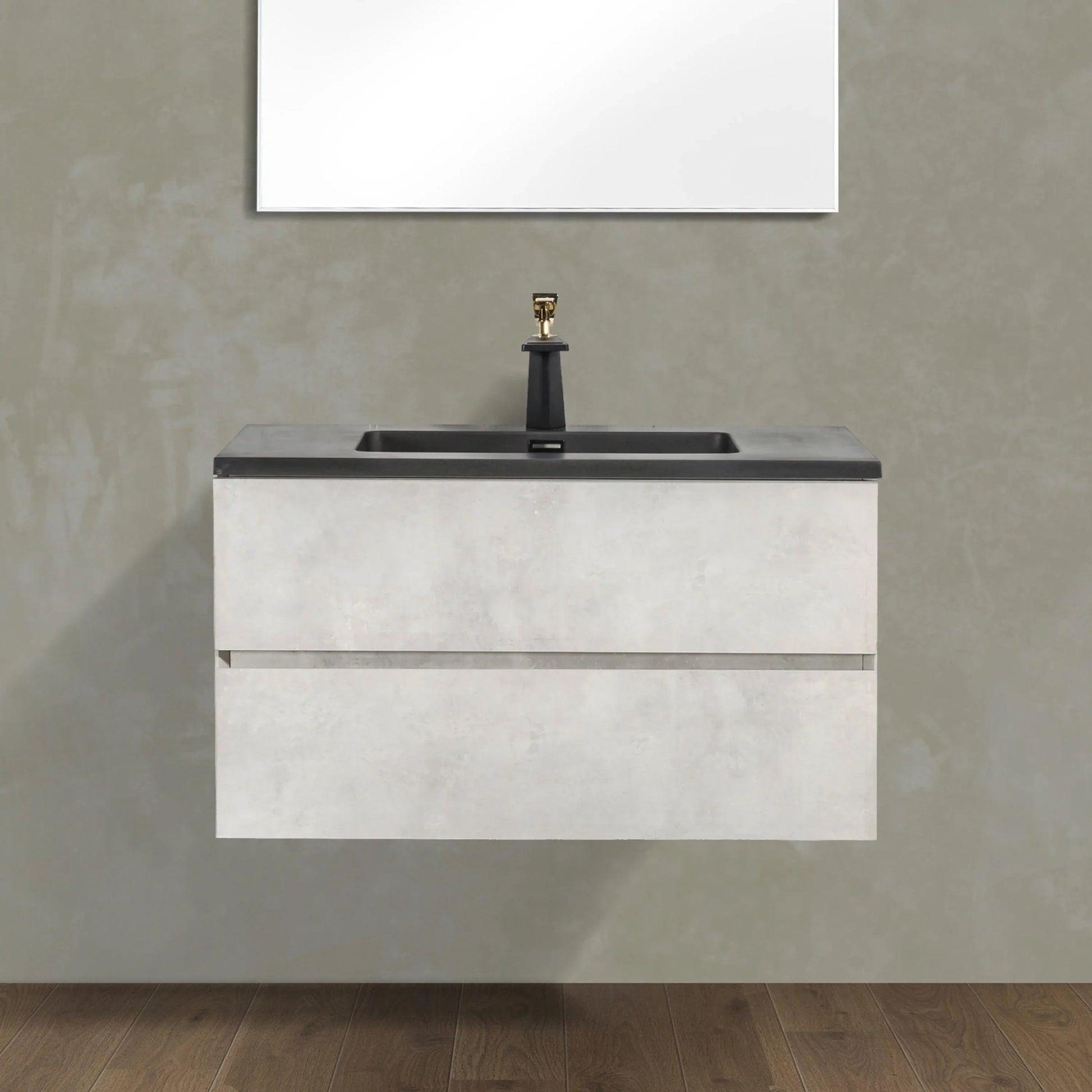 36" Grey Wall Mount Single Sink Bathroom Vanity with Black Engineered Quartz Countertop-Migration_Bathroom Vanities-DECOROLALA