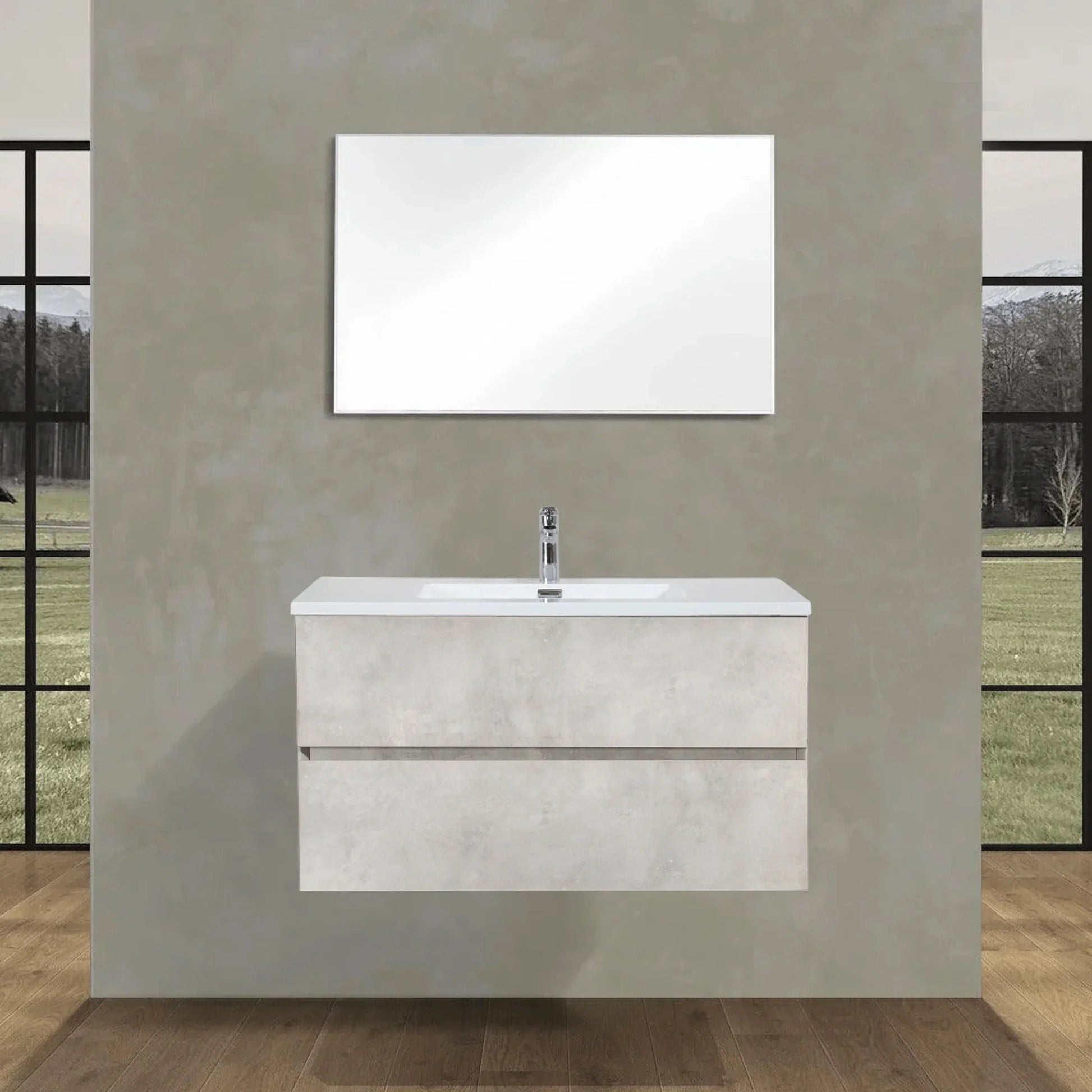 36" Grey Wall Mount Single Sink Bathroom Vanity with White Polymarble Countertop-Migration_Bathroom Vanities-DECOROLALA