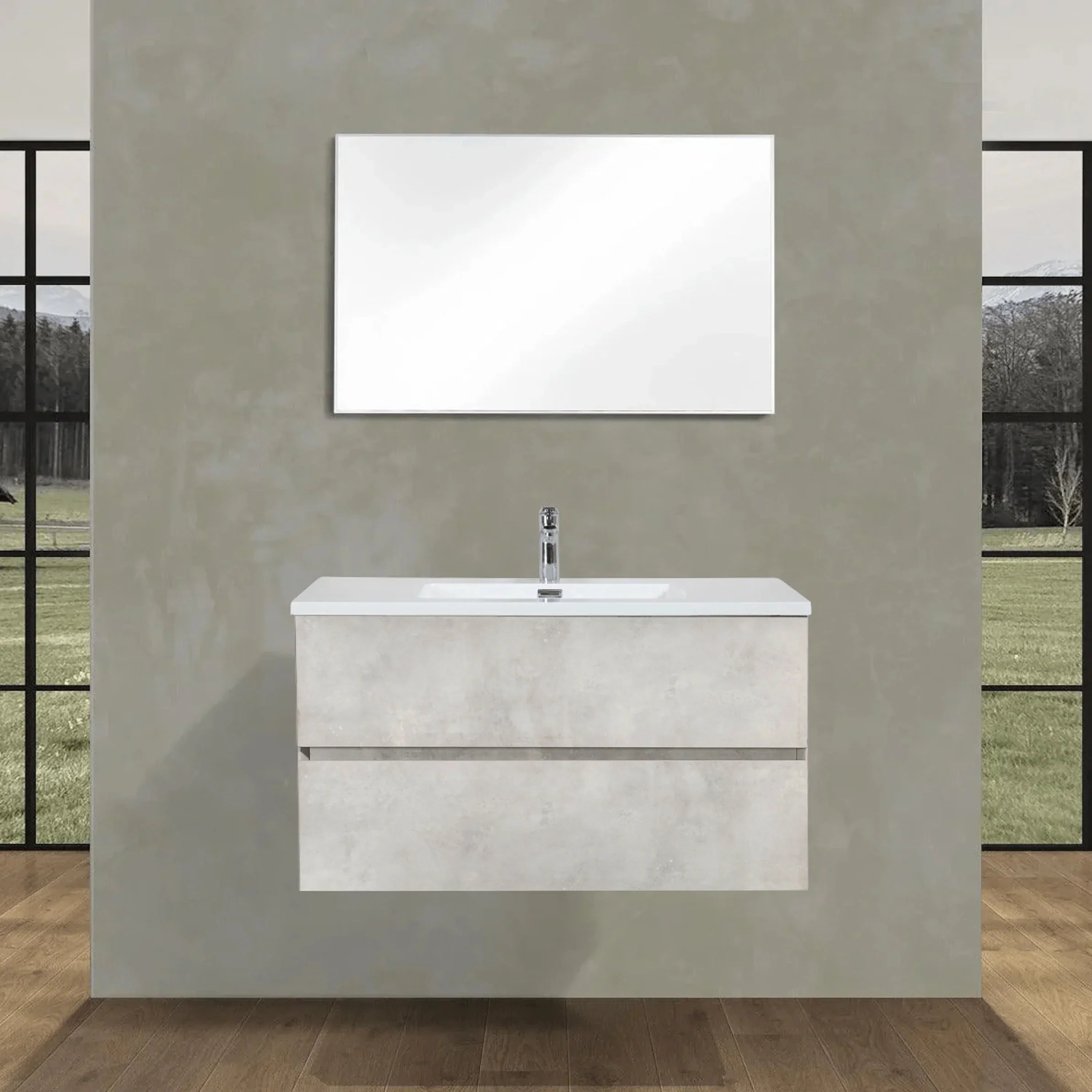 36" Grey Wall Mount Single Sink Bathroom Vanity with White Polymarble Countertop-Migration_Bathroom Vanities-DECOROLALA