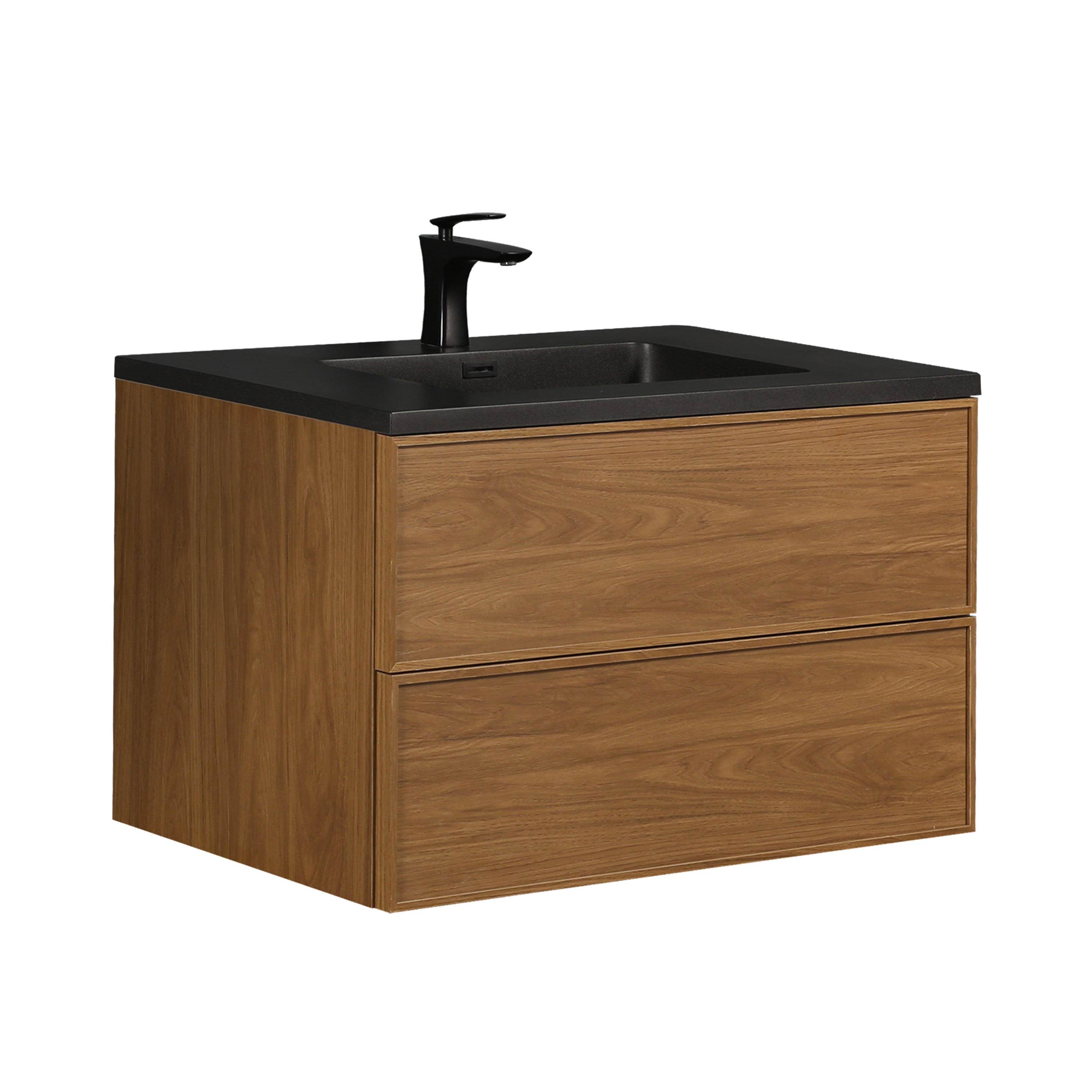 36" Honey Gold Walnut Wall Mount Bathroom Vanity with Black Engineered Quartz Countertop