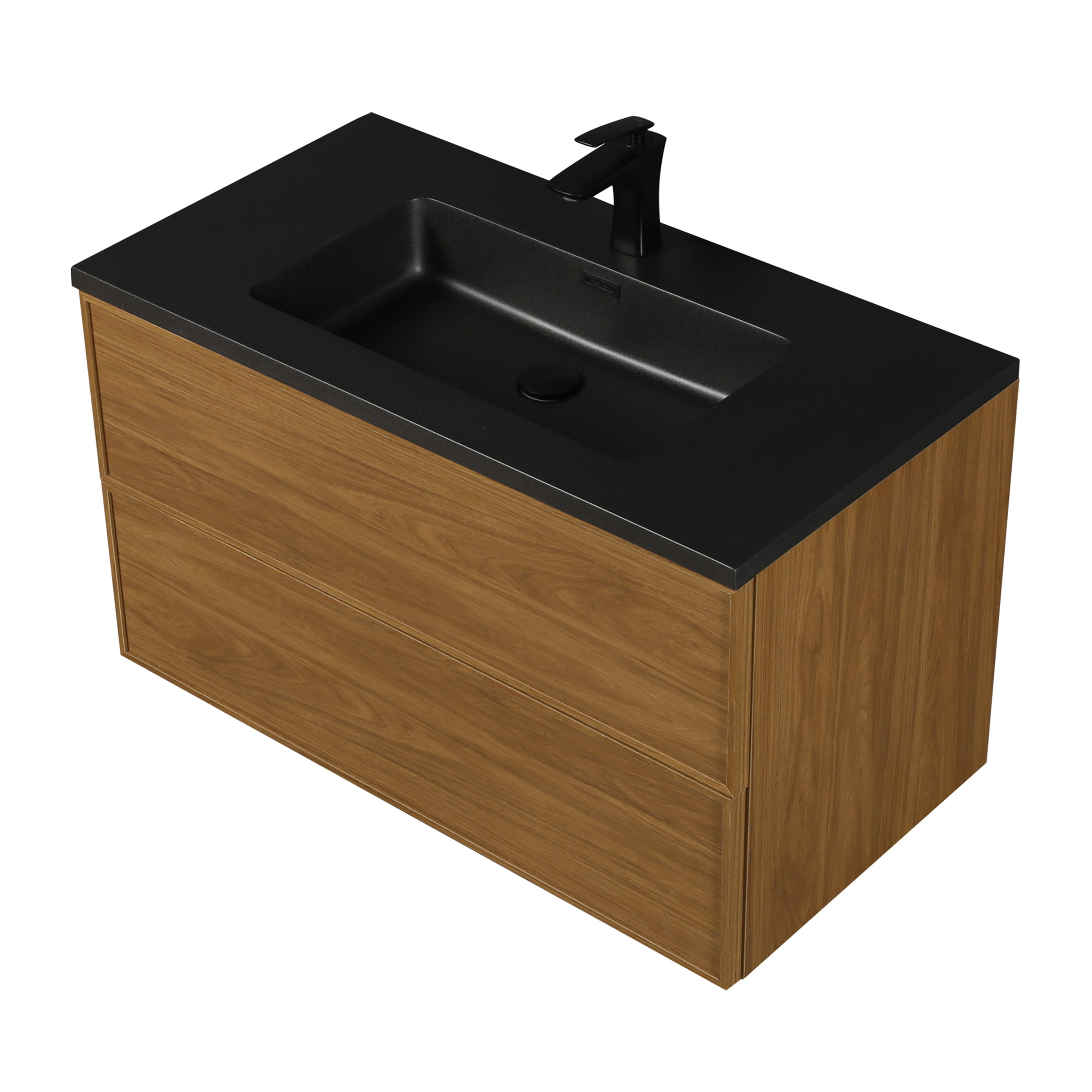 36" Honey Gold Walnut Wall Mount Bathroom Vanity with Black Engineered Quartz Countertop