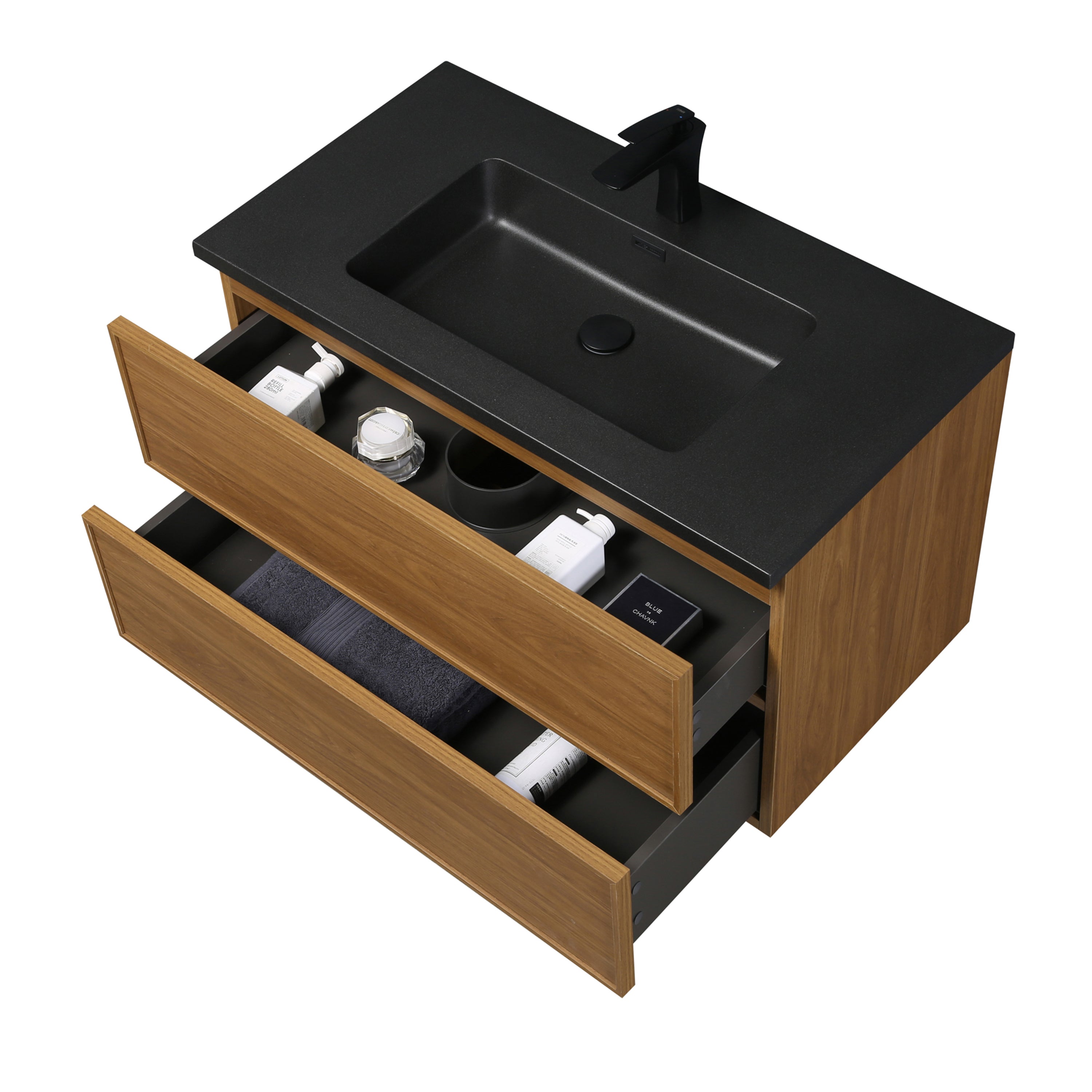 36" Honey Gold Walnut Wall Mount Bathroom Vanity with Black Engineered Quartz Countertop