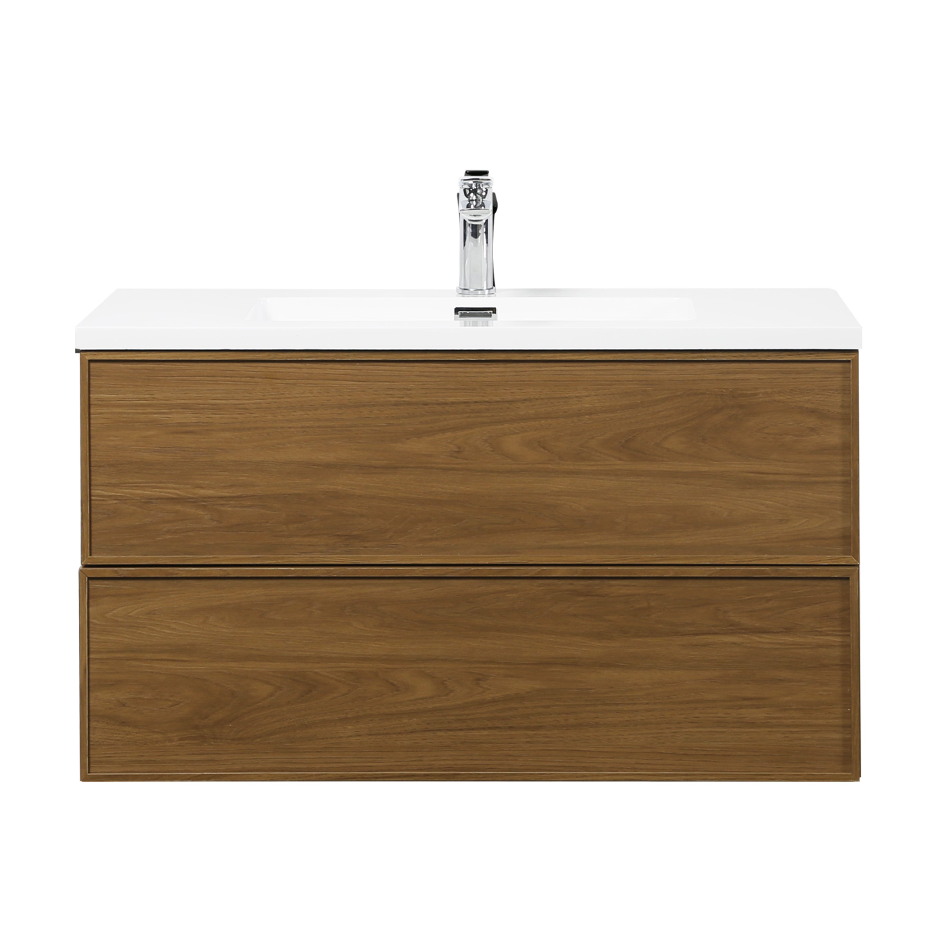 36" Honey Gold Walnut Wall Mount Bathroom Vanity with White Polymarble Countertop
