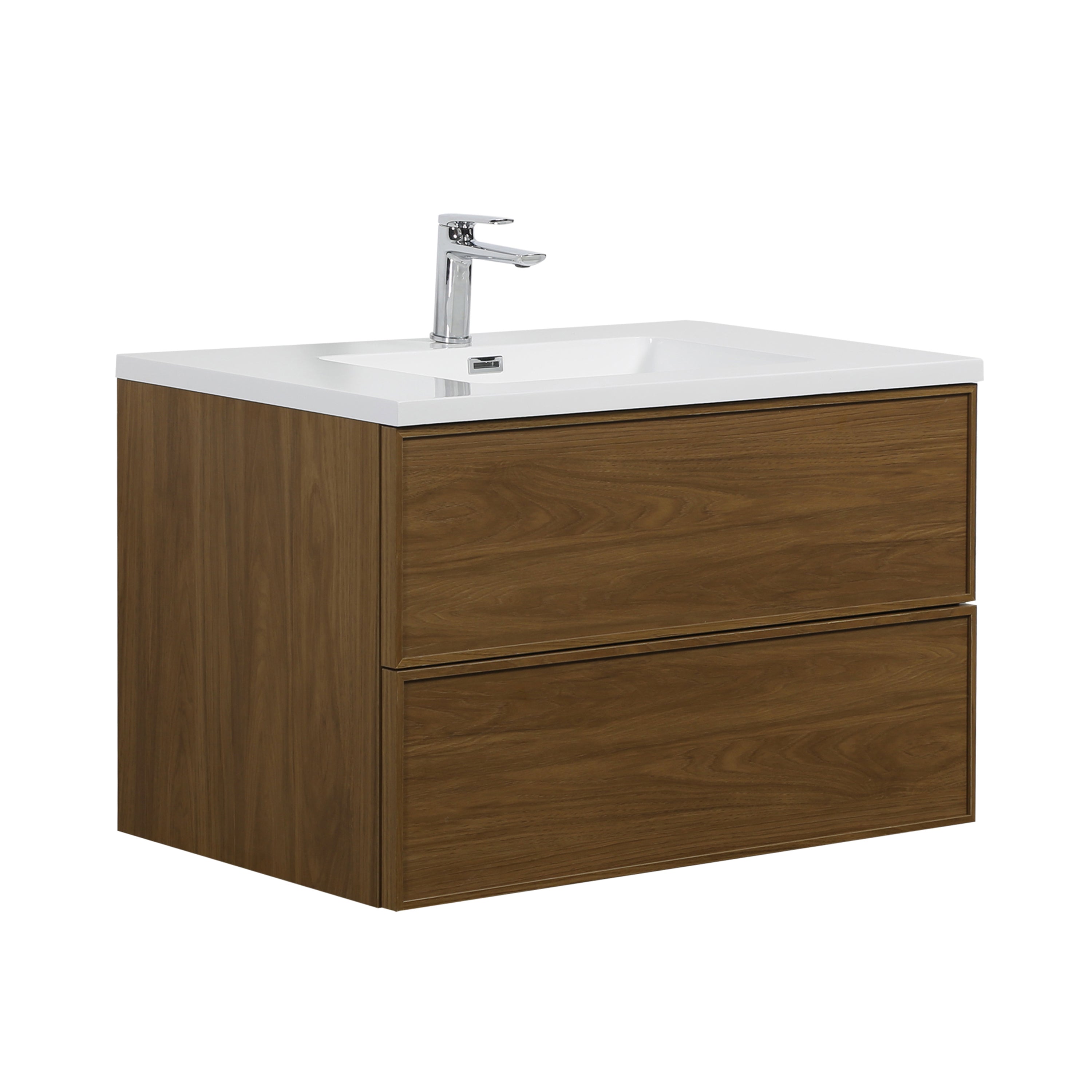 36" Honey Gold Walnut Wall Mount Bathroom Vanity with White Polymarble Countertop