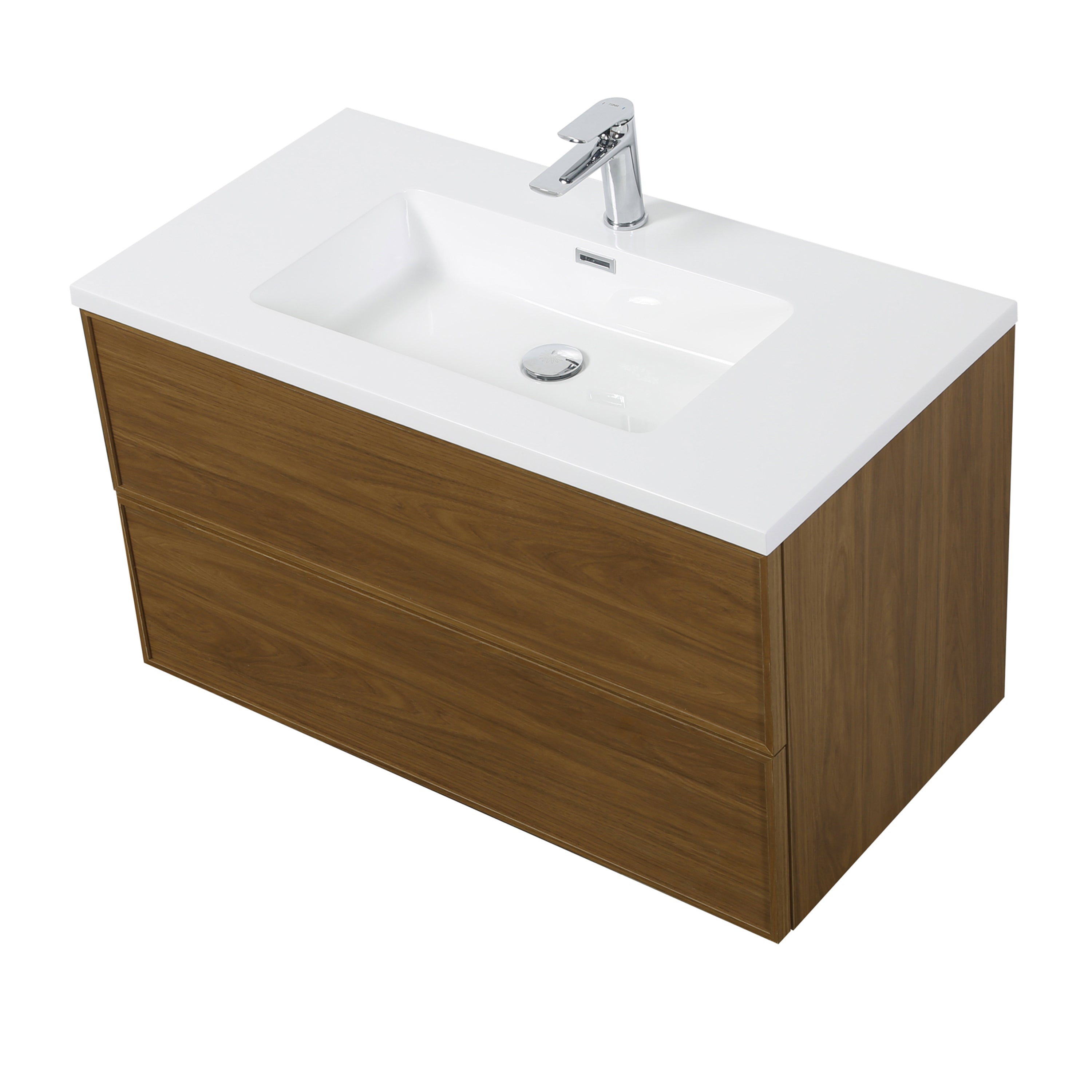 36" Honey Gold Walnut Wall Mount Bathroom Vanity with White Polymarble Countertop