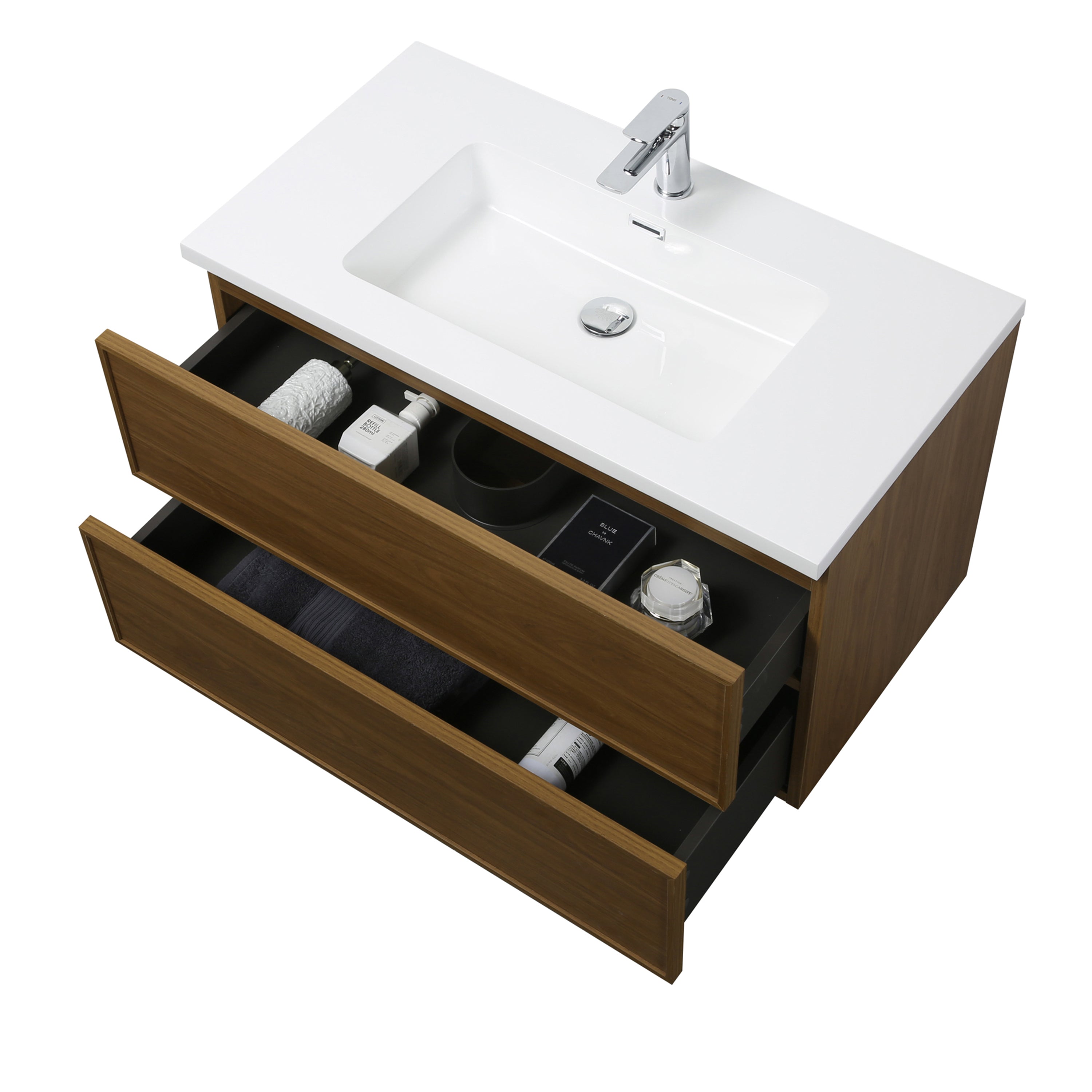 36" Honey Gold Walnut Wall Mount Bathroom Vanity with White Polymarble Countertop