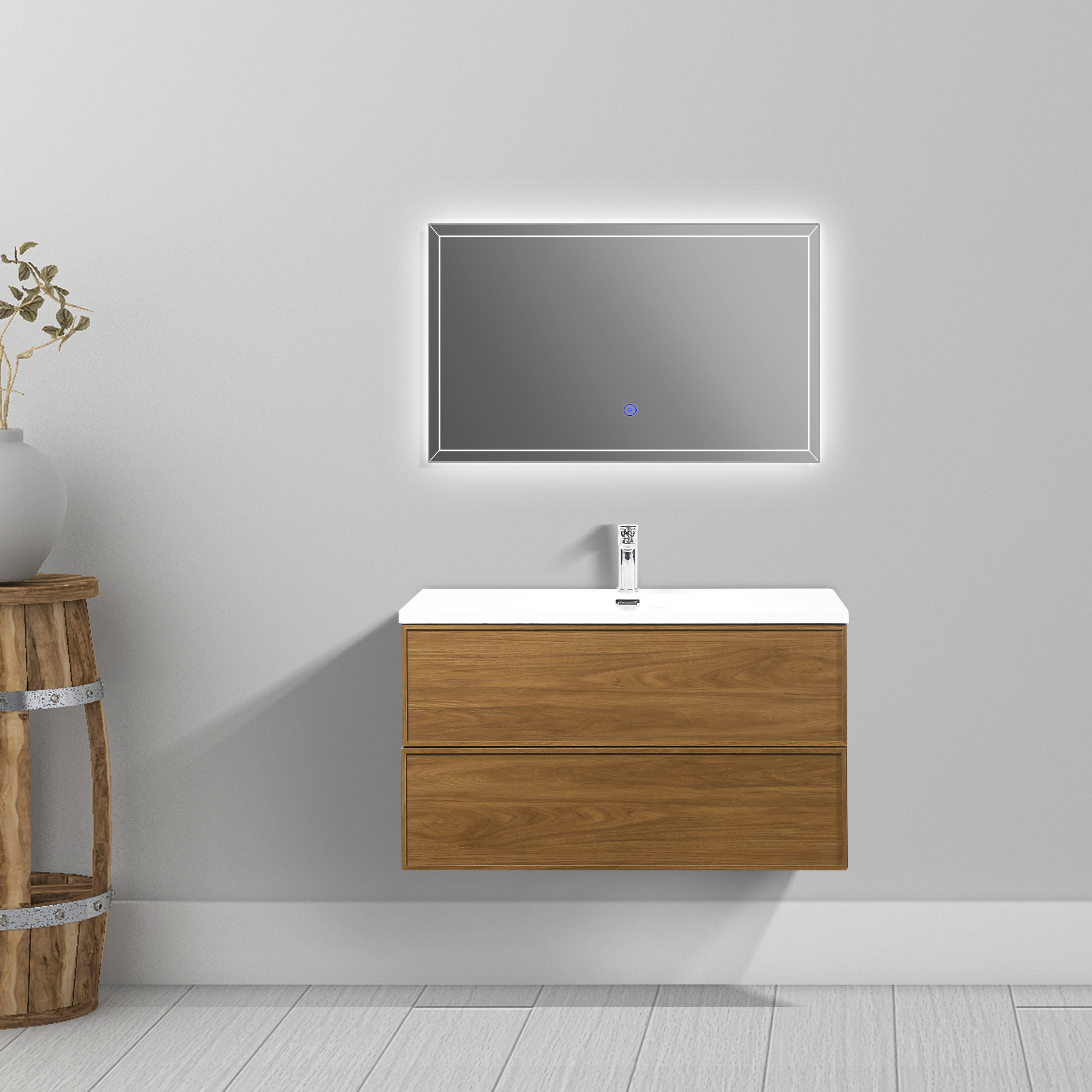 36" Honey Gold Walnut Wall Mount Bathroom Vanity with White Polymarble Countertop