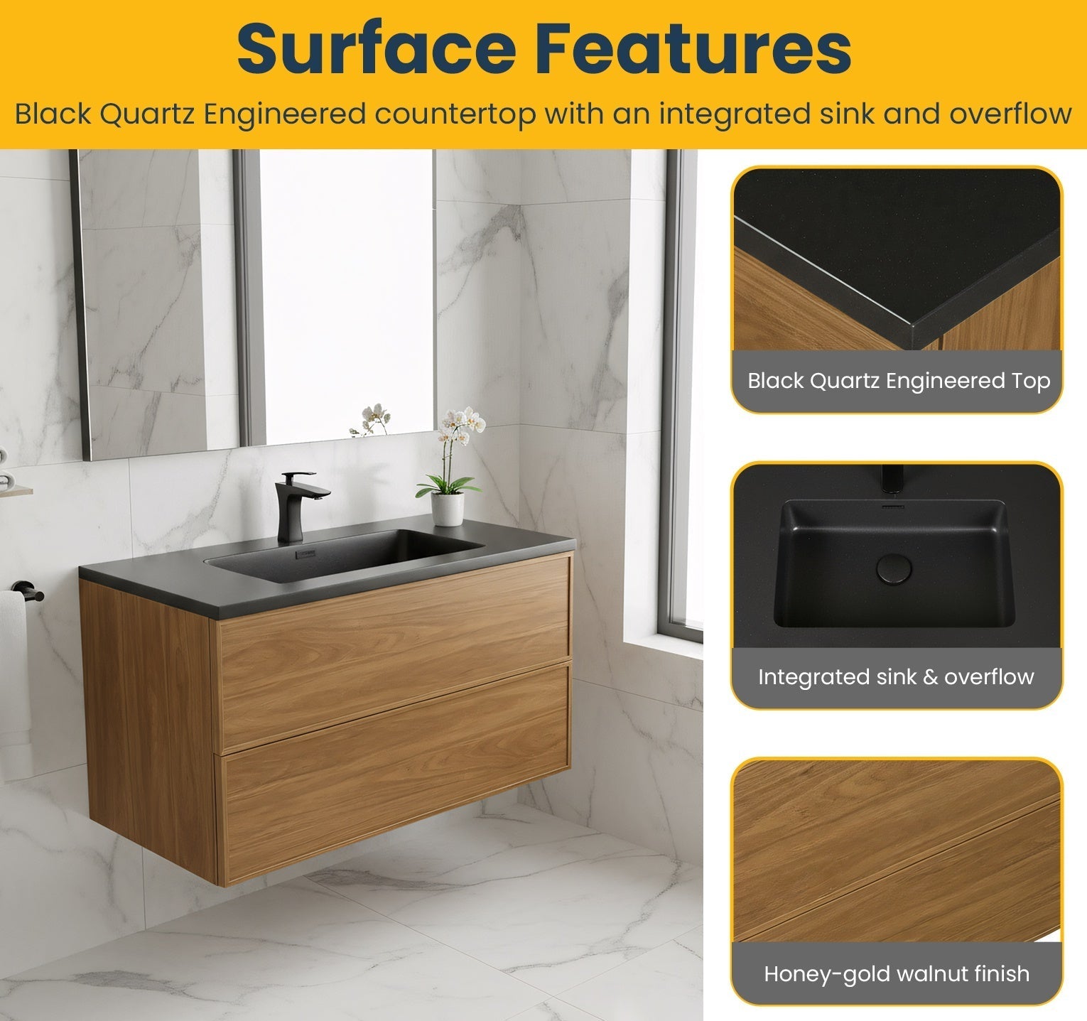 36" Honey Gold Walnut Wall Mount Bathroom Vanity with Black Engineered Quartz Countertop-Migration_Bathroom Vanities-DECOROLALA