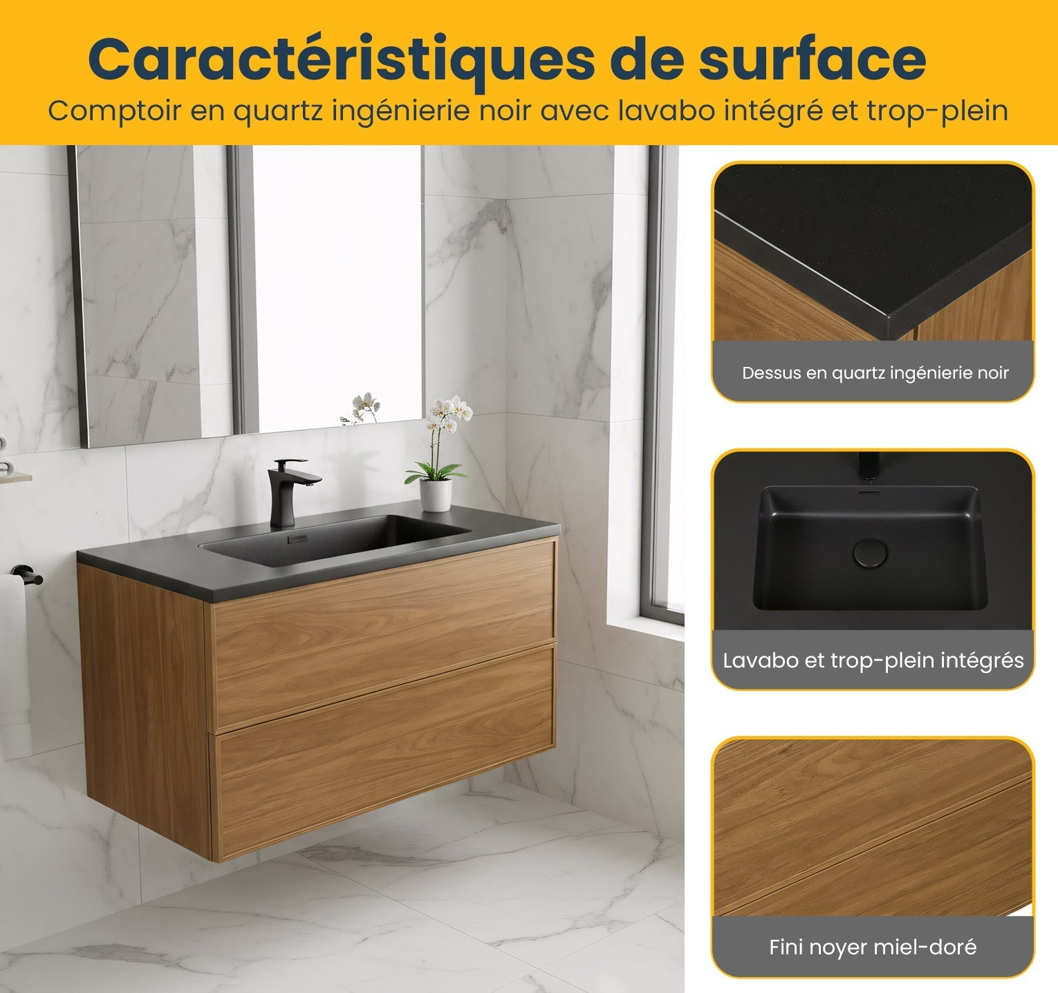 36" Honey Gold Walnut Wall Mount Bathroom Vanity with Black Engineered Quartz Countertop-Migration_Bathroom Vanities-DECOROLALA