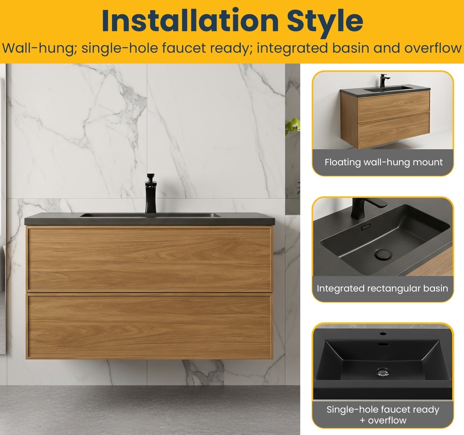 36" Honey Gold Walnut Wall Mount Bathroom Vanity with Black Engineered Quartz Countertop-Migration_Bathroom Vanities-DECOROLALA