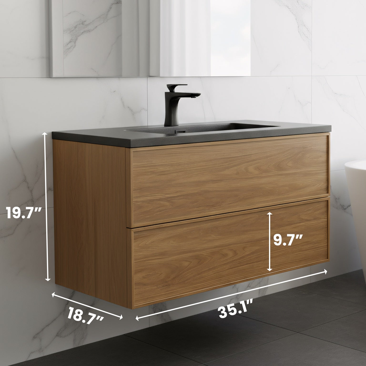 36" Honey Gold Walnut Wall Mount Bathroom Vanity with Black Engineered Quartz Countertop-Migration_Bathroom Vanities-DECOROLALA