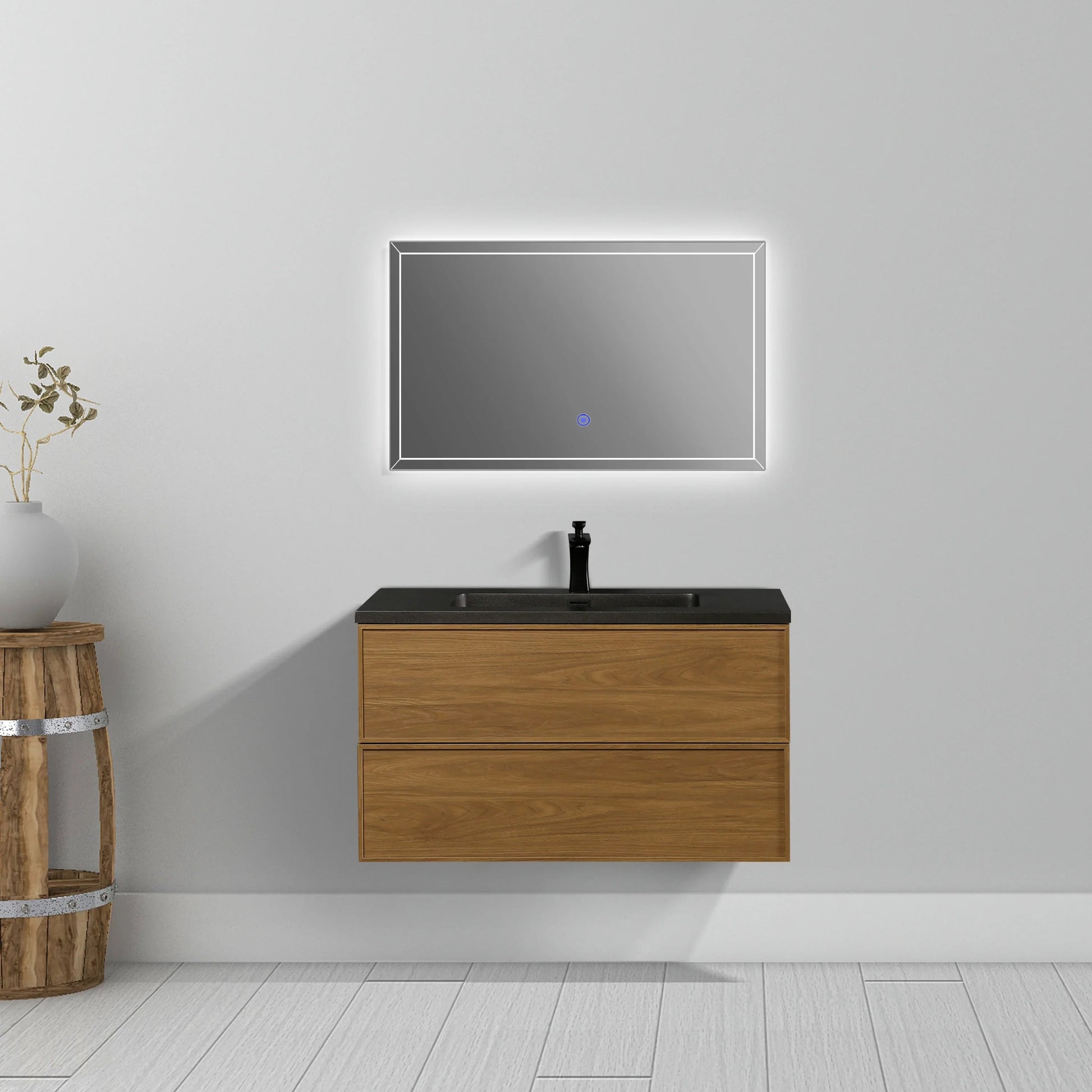 36" Honey Gold Walnut Wall Mount Bathroom Vanity with Black Engineered Quartz Countertop-Migration_Bathroom Vanities-DECOROLALA