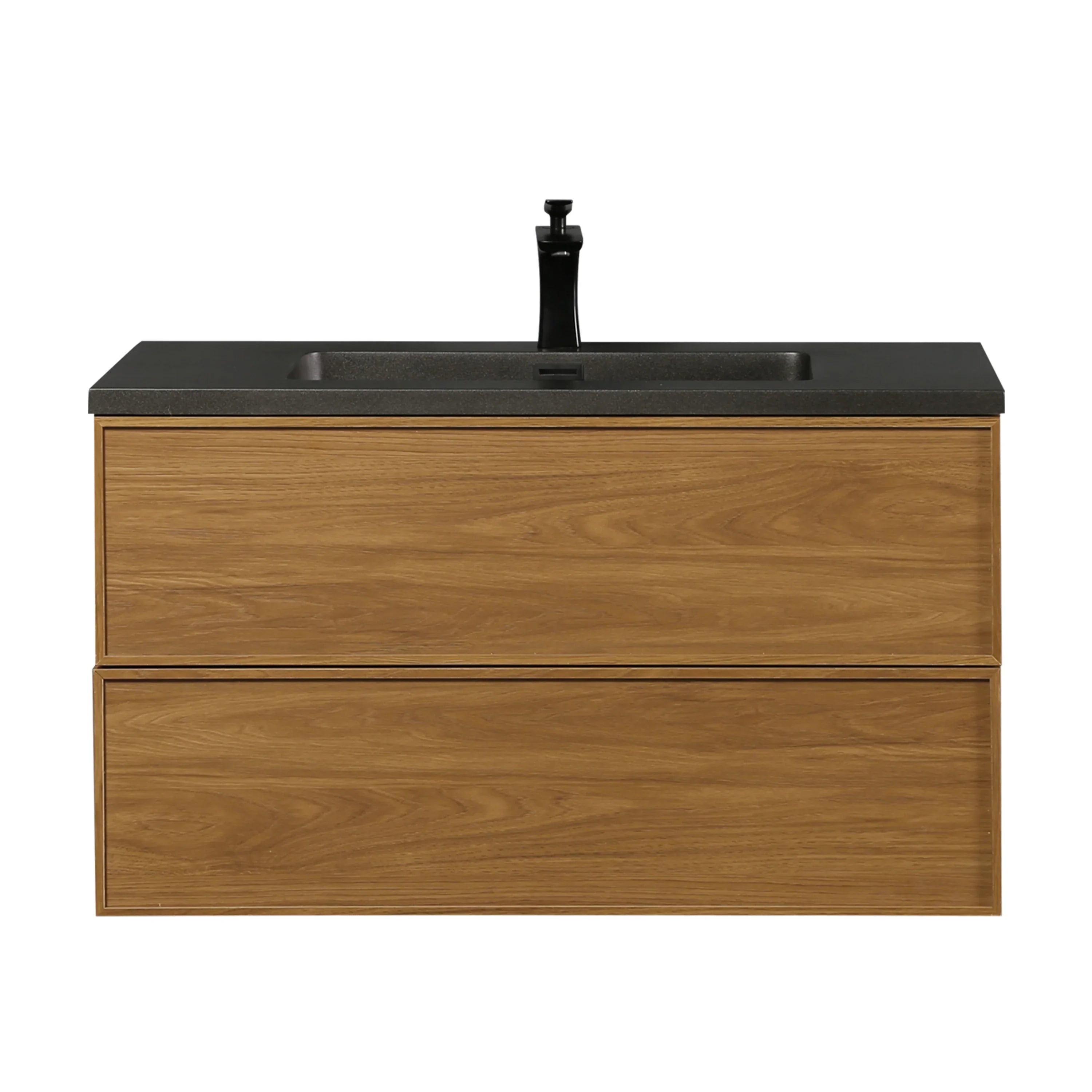 36" Honey Gold Walnut Wall Mount Bathroom Vanity with Black Engineered Quartz Countertop-Migration_Bathroom Vanities-DECOROLALA