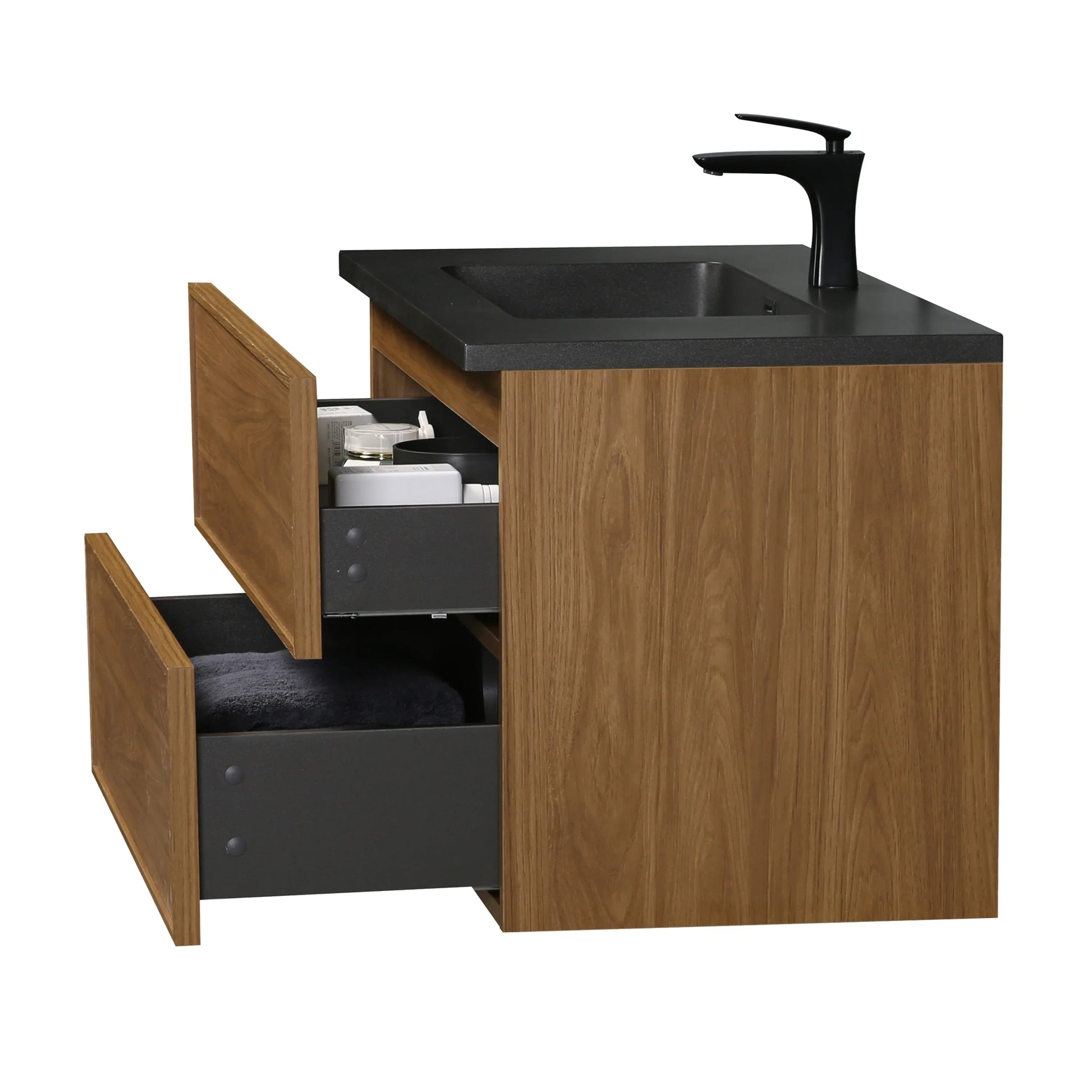 36" Honey Gold Walnut Wall Mount Bathroom Vanity with Black Engineered Quartz Countertop-Migration_Bathroom Vanities-DECOROLALA