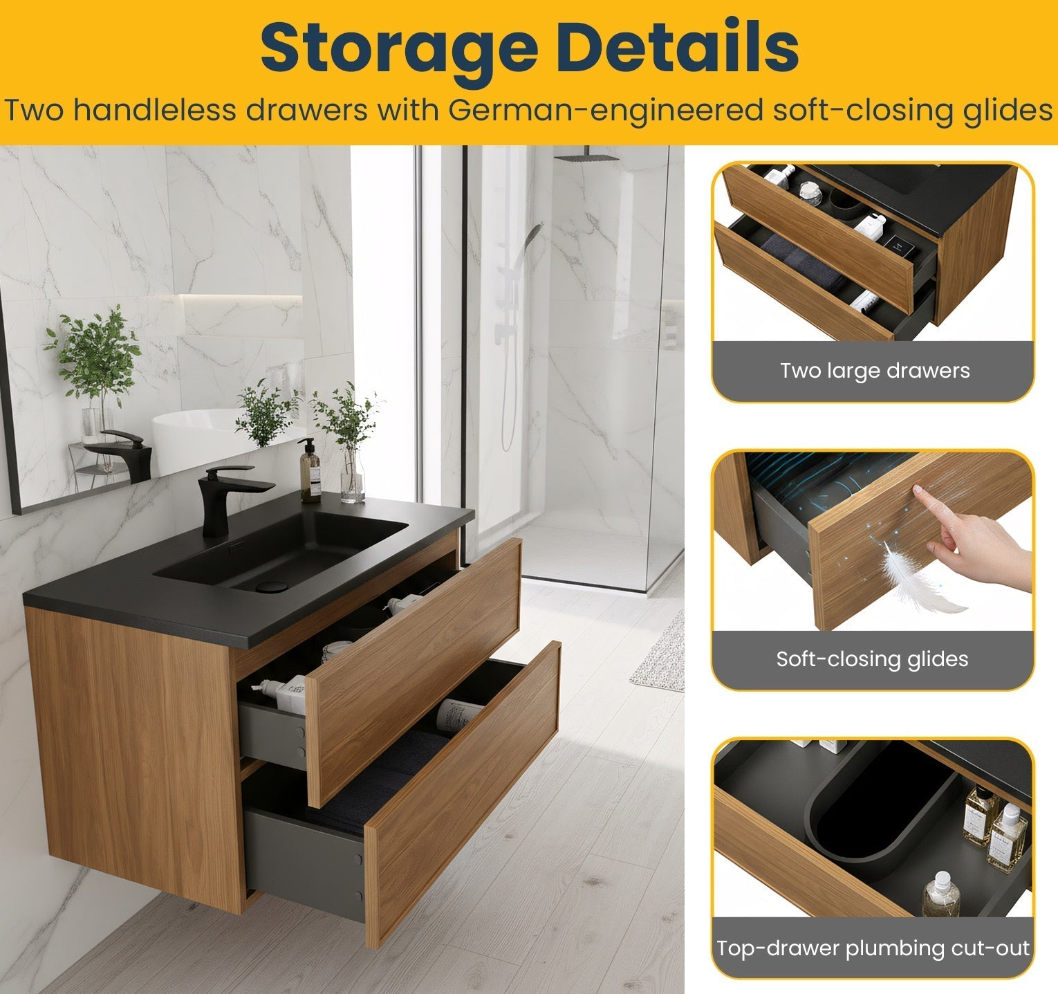 36" Honey Gold Walnut Wall Mount Bathroom Vanity with Black Engineered Quartz Countertop-Migration_Bathroom Vanities-DECOROLALA