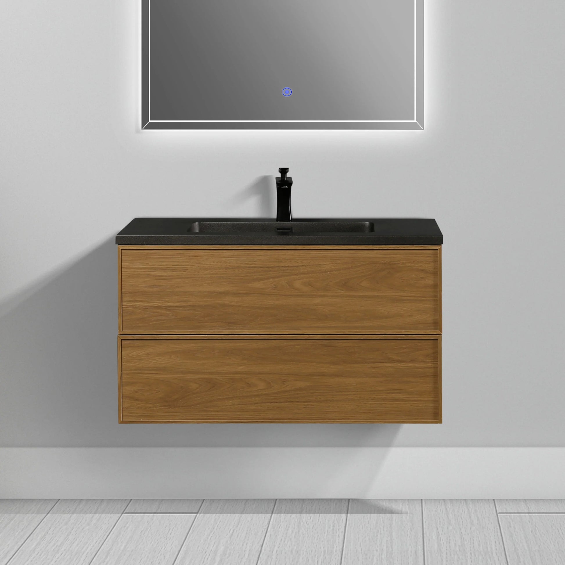 36" Honey Gold Walnut Wall Mount Bathroom Vanity with Black Engineered Quartz Countertop-Migration_Bathroom Vanities-DECOROLALA