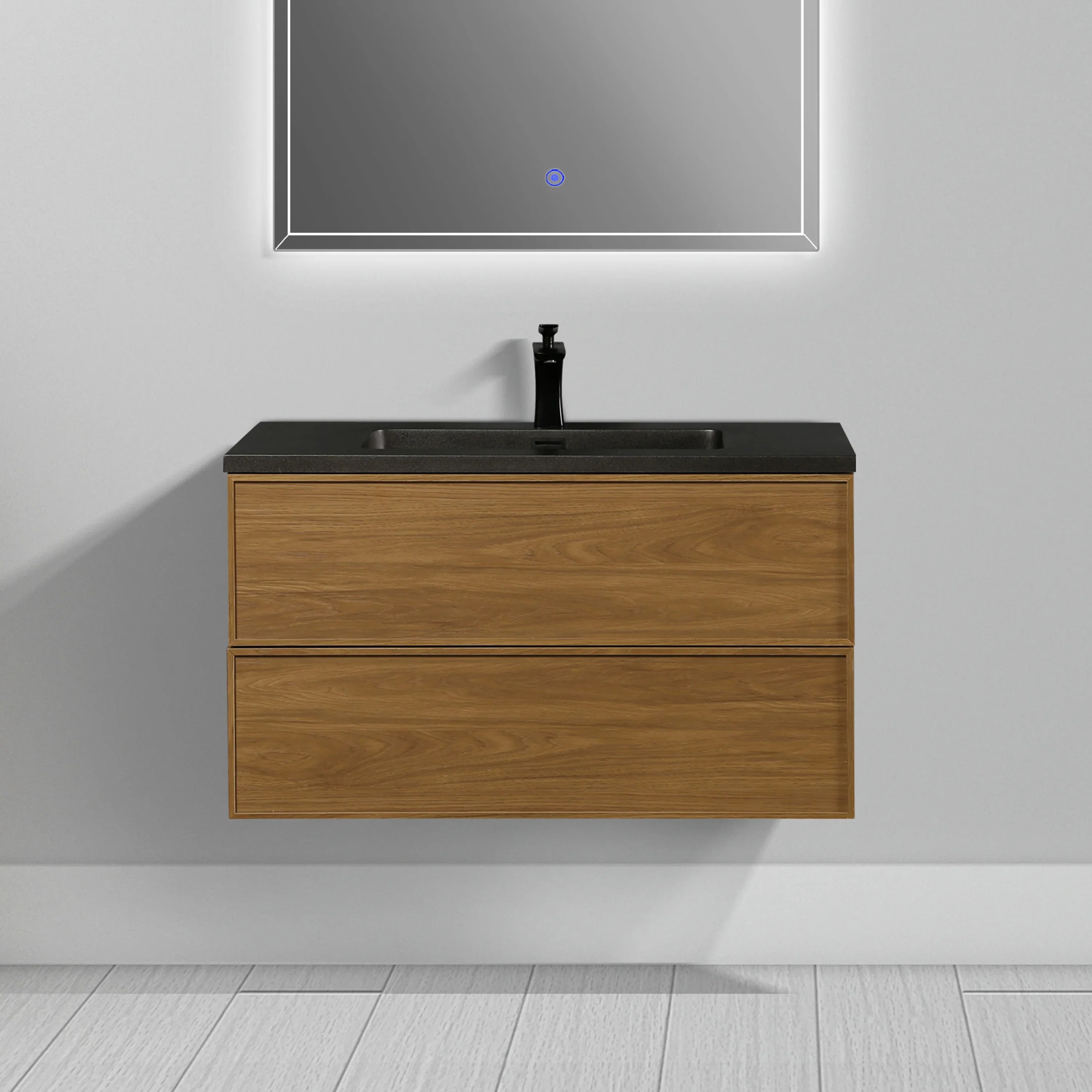 36" Honey Gold Walnut Wall Mount Bathroom Vanity with Black Engineered Quartz Countertop-Migration_Bathroom Vanities-DECOROLALA