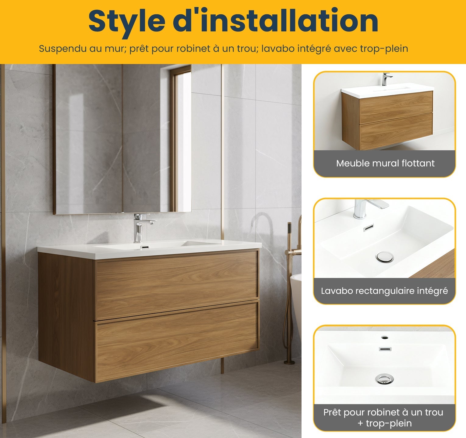 36" Honey Gold Walnut Wall Mount Bathroom Vanity with White Polymarble Countertop-Bathroom Vanity-DECOROLALA