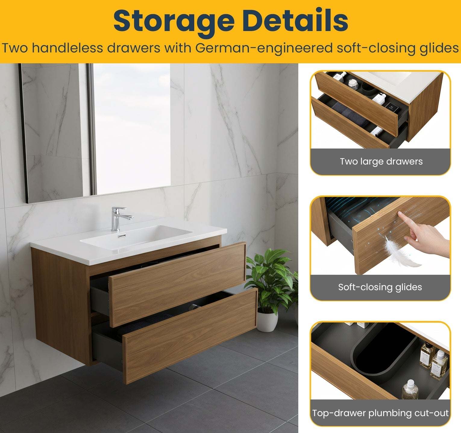 36" Honey Gold Walnut Wall Mount Bathroom Vanity with White Polymarble Countertop-Bathroom Vanity-DECOROLALA