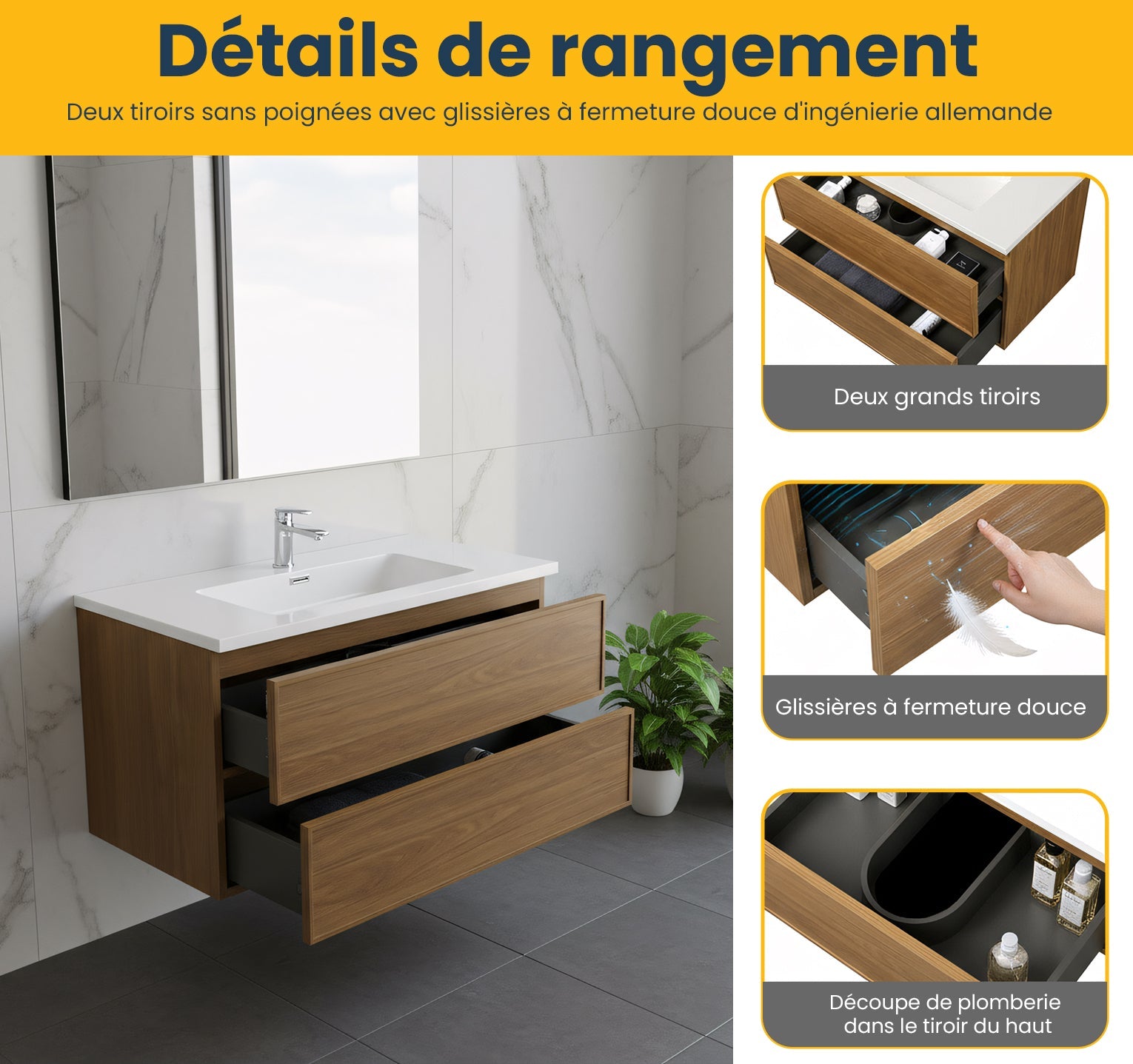 36" Honey Gold Walnut Wall Mount Bathroom Vanity with White Polymarble Countertop-Bathroom Vanity-DECOROLALA