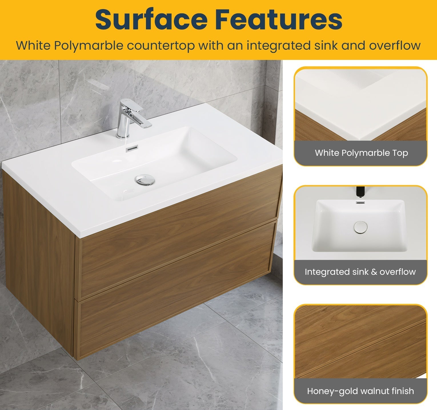 36" Honey Gold Walnut Wall Mount Bathroom Vanity with White Polymarble Countertop-Bathroom Vanity-DECOROLALA