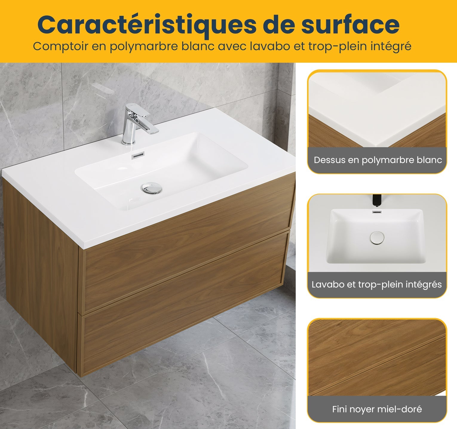 36" Honey Gold Walnut Wall Mount Bathroom Vanity with White Polymarble Countertop-Bathroom Vanity-DECOROLALA