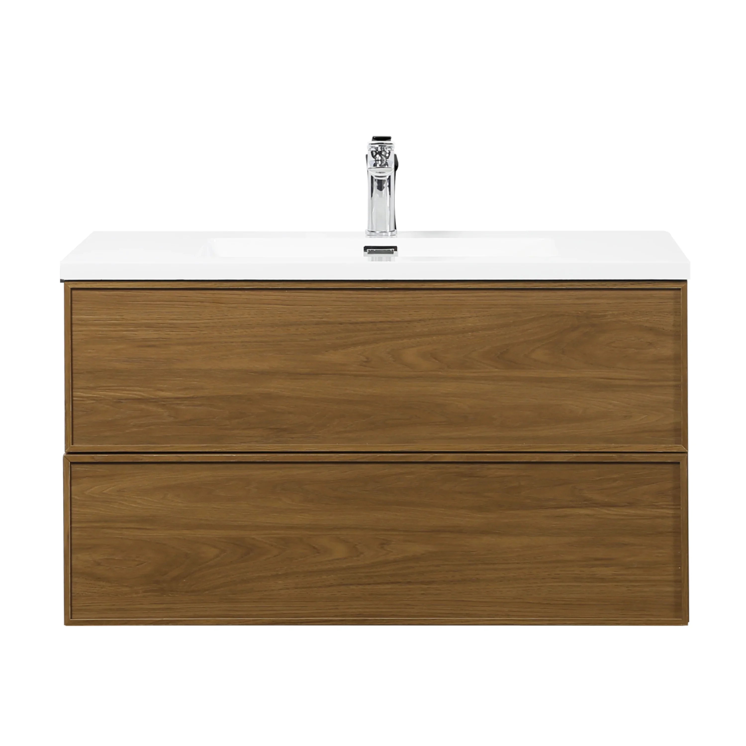 36" Honey Gold Walnut Wall Mount Bathroom Vanity with White Polymarble Countertop-Bathroom Vanity-DECOROLALA