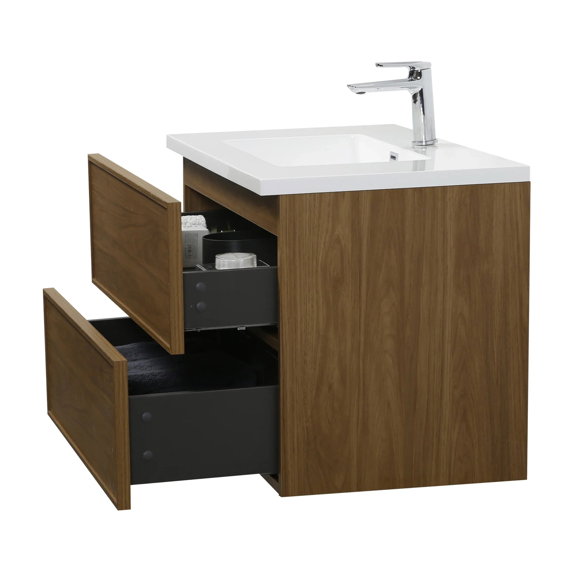 36" Honey Gold Walnut Wall Mount Bathroom Vanity with White Polymarble Countertop-Bathroom Vanity-DECOROLALA