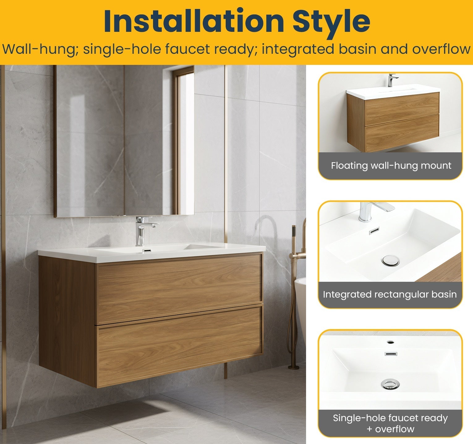 36" Honey Gold Walnut Wall Mount Bathroom Vanity with White Polymarble Countertop-Bathroom Vanity-DECOROLALA