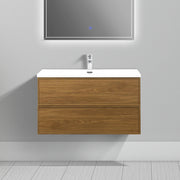 36" Honey Gold Walnut Wall Mount Bathroom Vanity with White Polymarble Countertop-Bathroom Vanity-DECOROLALA