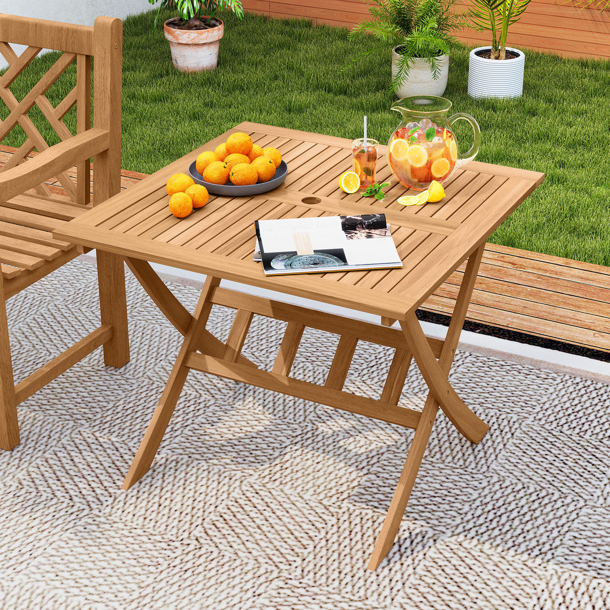 36-Inch Acacia Wood Folding Patio Dining Table with Umbrella Hole for 4 People-Patio Dining Tables-DECOROLALA