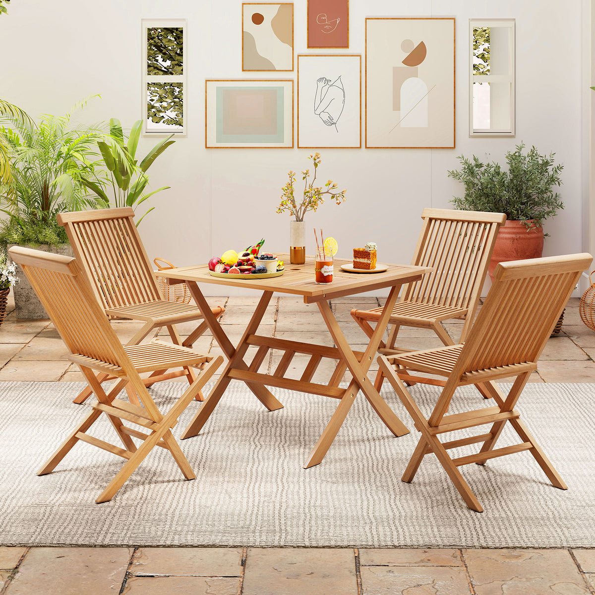 36-Inch Acacia Wood Folding Patio Dining Table with Umbrella Hole for 4 People-Patio Dining Tables-DECOROLALA