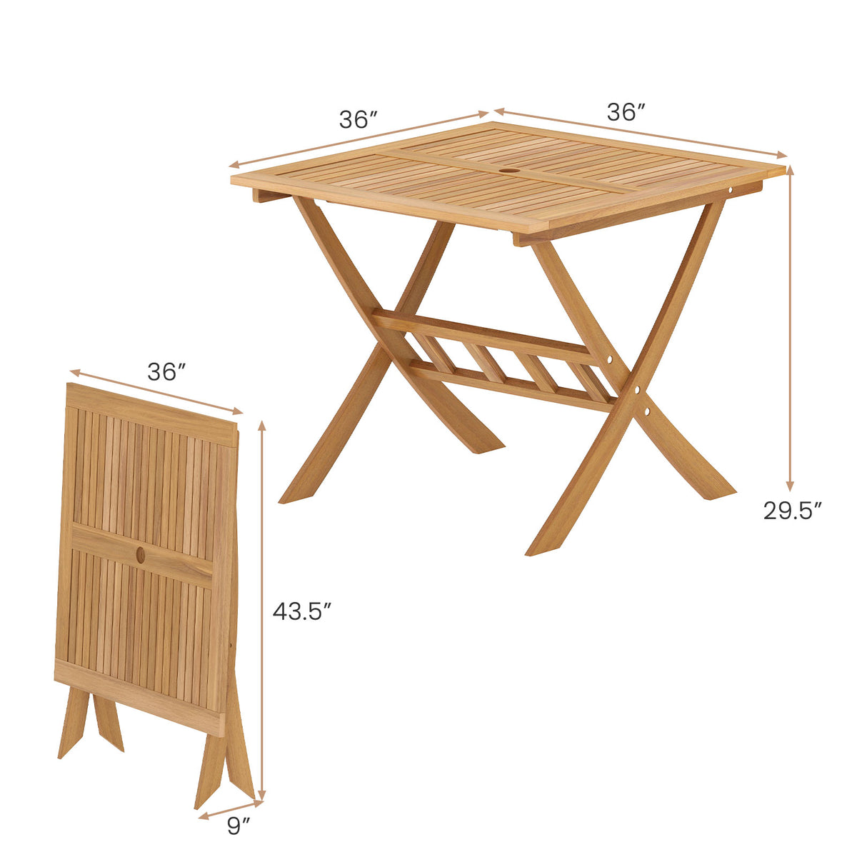 36-Inch Acacia Wood Folding Patio Dining Table with Umbrella Hole for 4 People-Patio Dining Tables-DECOROLALA