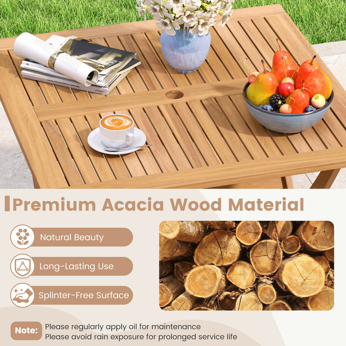 36-Inch Acacia Wood Folding Patio Dining Table with Umbrella Hole for 4 People-Patio Dining Tables-DECOROLALA
