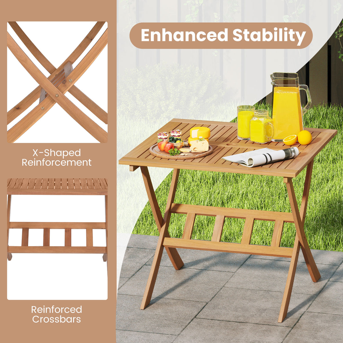 36-Inch Acacia Wood Folding Patio Dining Table with Umbrella Hole for 4 People-Patio Dining Tables-DECOROLALA