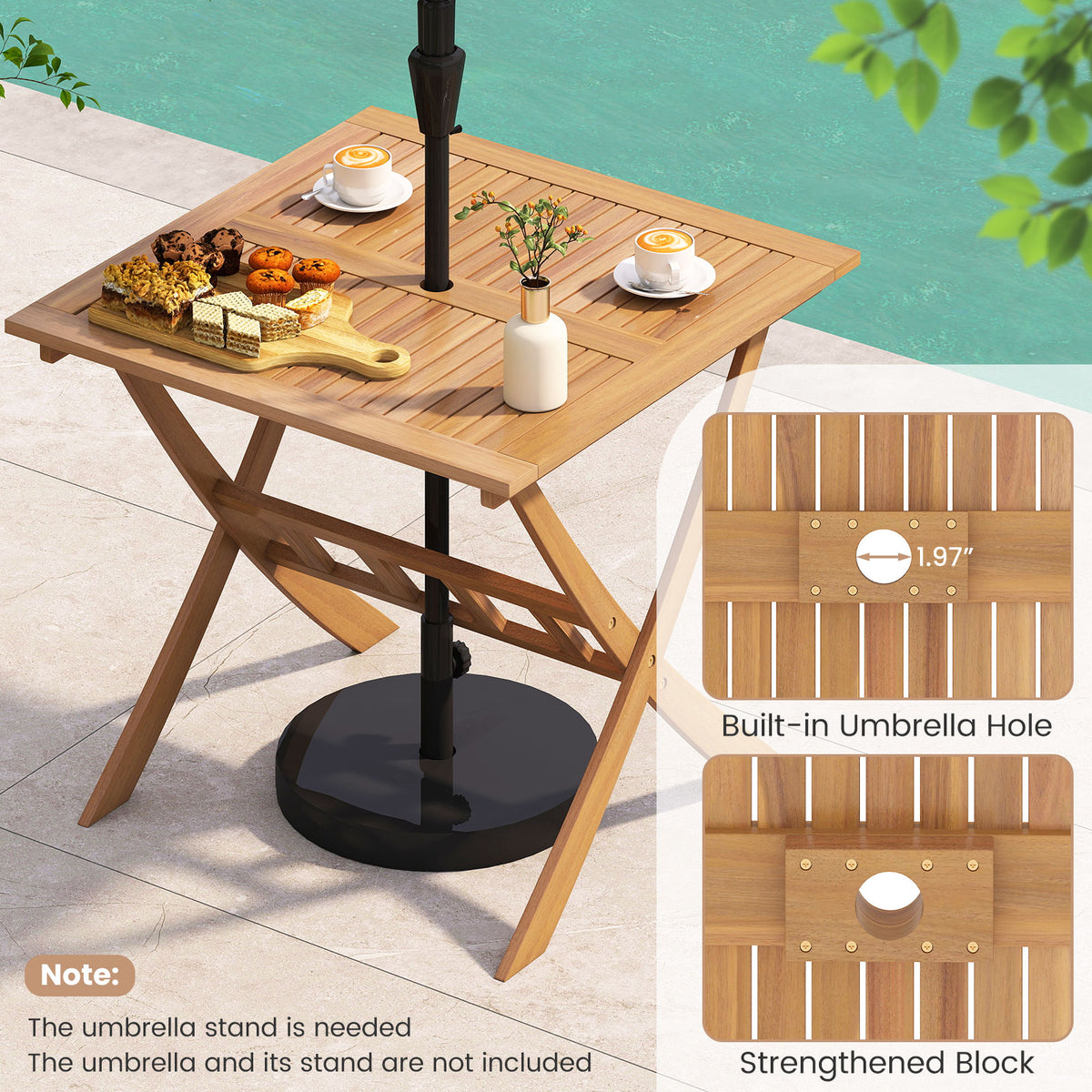 36-Inch Acacia Wood Folding Patio Dining Table with Umbrella Hole for 4 People-Patio Dining Tables-DECOROLALA