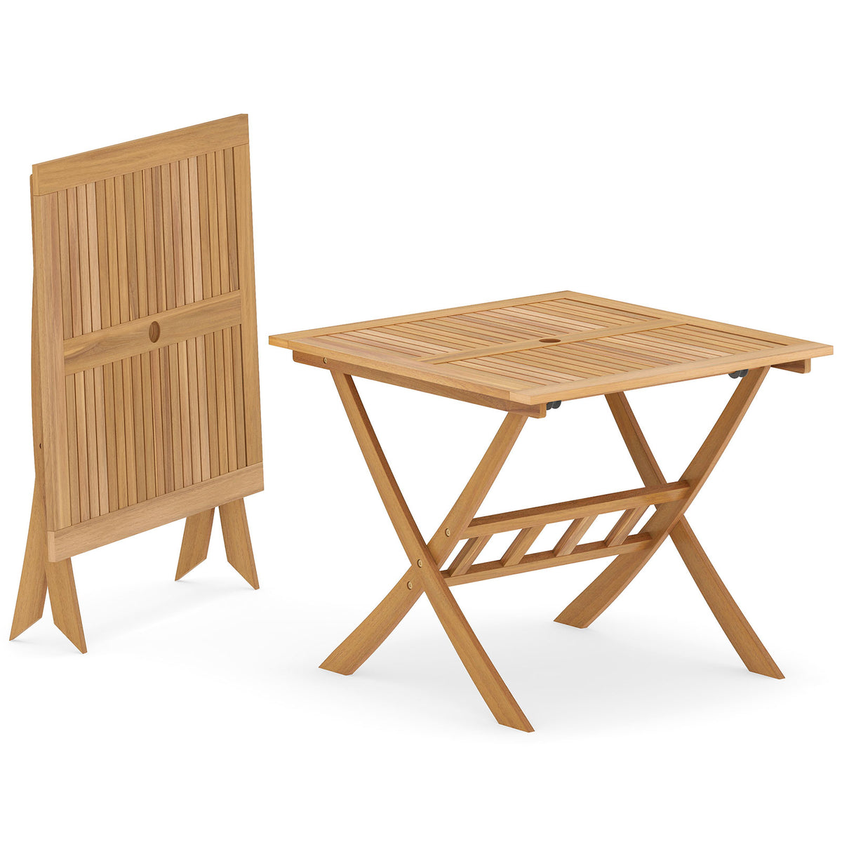 36-Inch Acacia Wood Folding Patio Dining Table with Umbrella Hole for 4 People-Patio Dining Tables-DECOROLALA