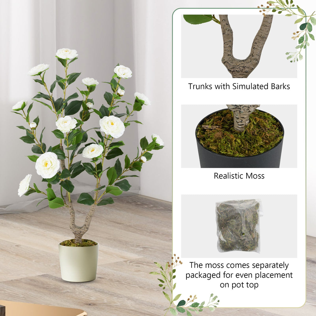 36 Inch Artificial Camellia Tree with Blooming Flower 2 Pack-White-Artificial Plants-DECOROLALA
