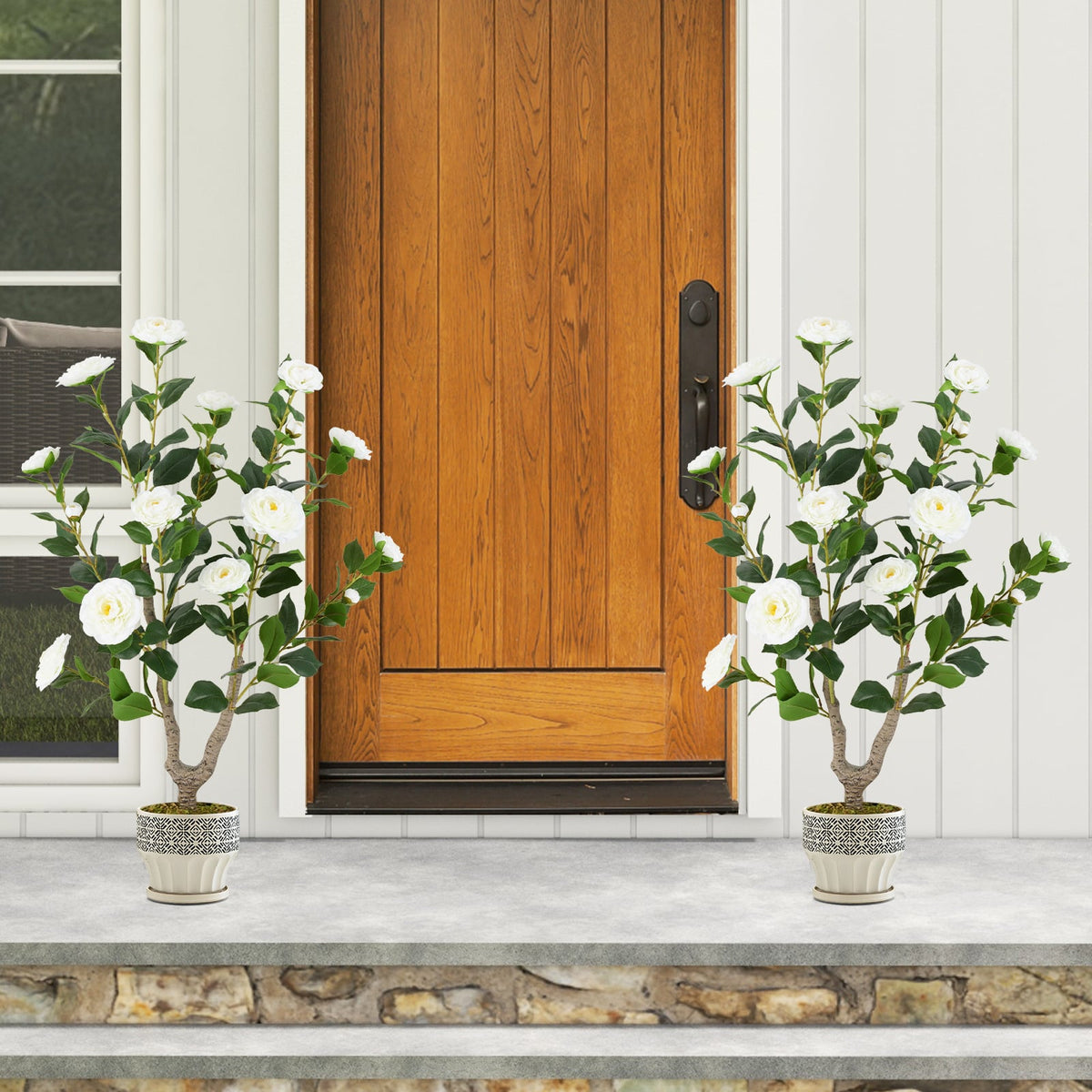 36 Inch Artificial Camellia Tree with Blooming Flower 2 Pack-White-Artificial Plants-DECOROLALA