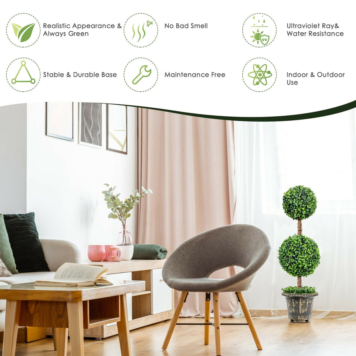 36 Inch Artificial Double Ball Tree Indoor and Outdoor UV Protection-Artificial Plants-DECOROLALA