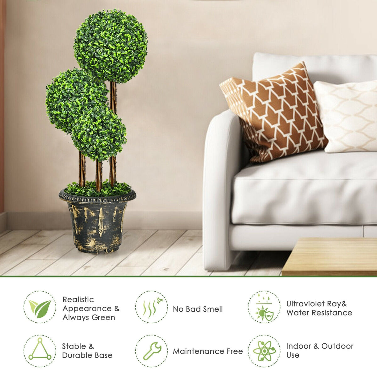 36-Inch Artificial Topiary Triple Ball Tree for Indoor and Outdoor-Artificial Plants-DECOROLALA